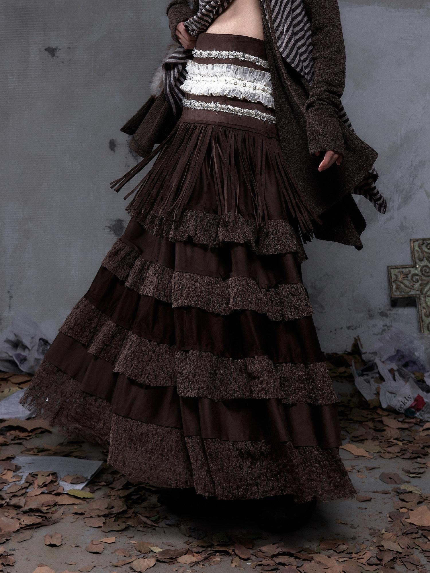 NO ROMANCE High Waist Court Tassel A Line Casual Brown No Stretch Maxi Skirts