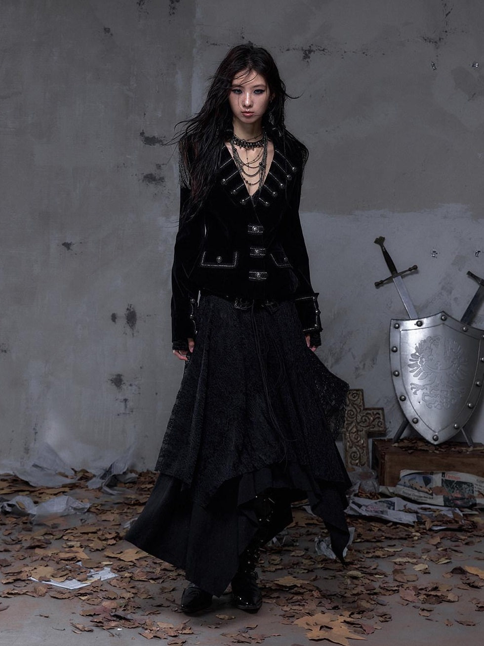 NO ROMANCE Light Fleece Lined Fitted Waist Button Long Sleeve Black Cropped Jackets