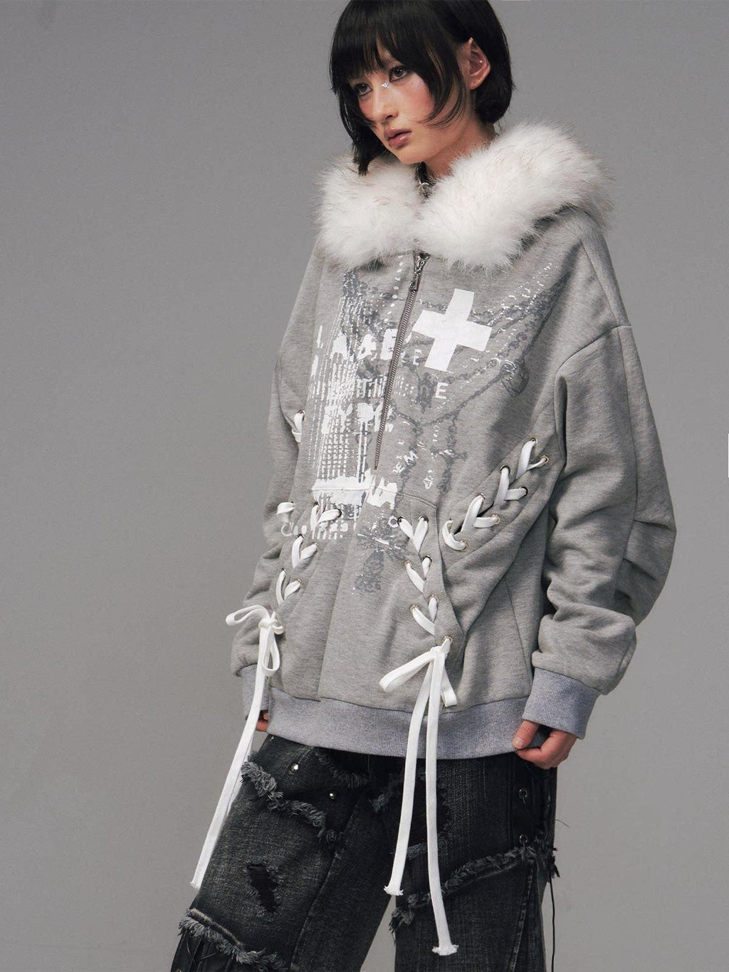 Frustration Garden Original Design Loose Fit Printed Fur Collar Zip Hooded Warm Gray Women Hoodies