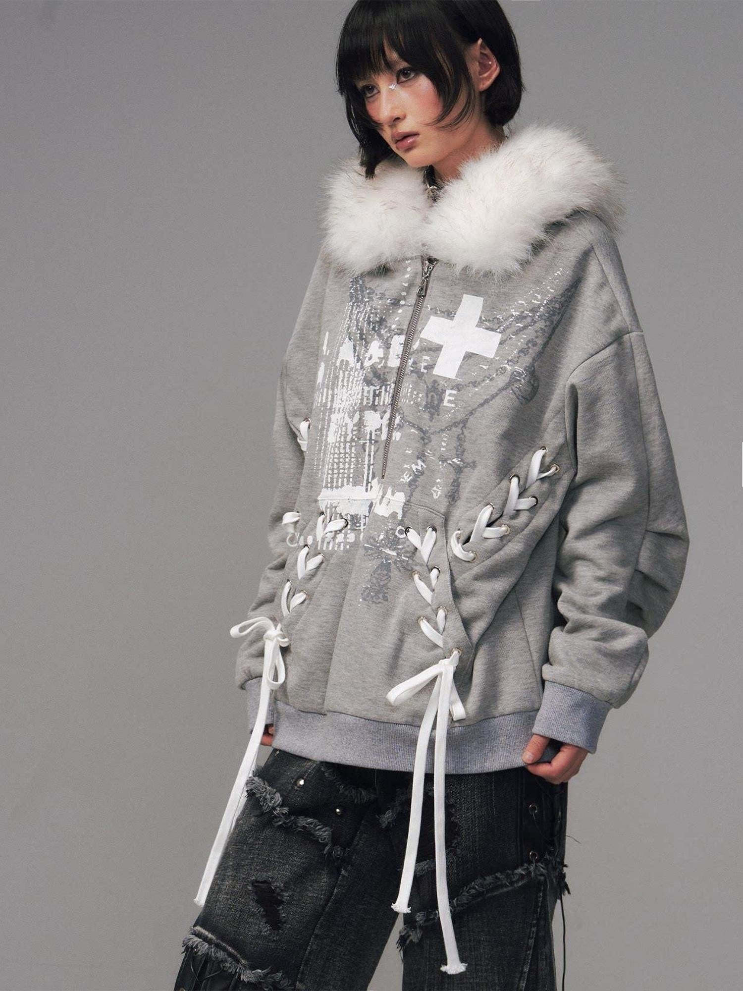 Frustration Garden Original Design Loose Fit Printed Fur Collar Zip Hooded Warm Gray Women Hoodies