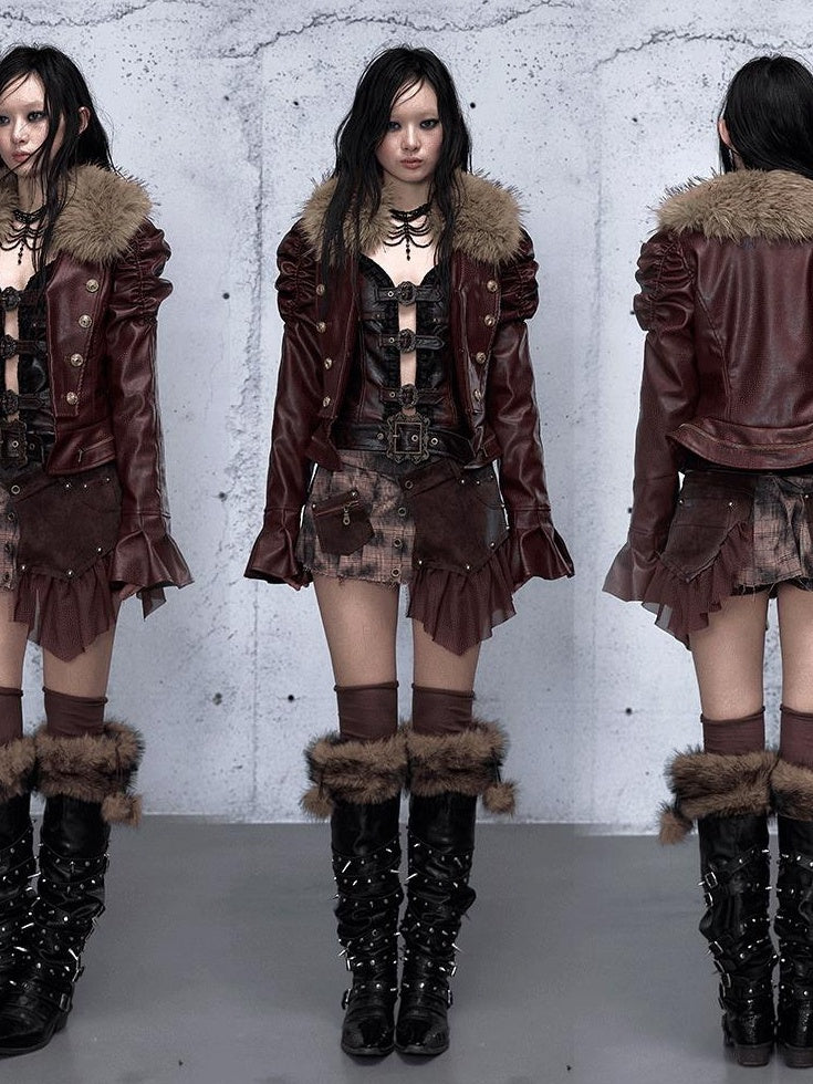 NO ROMANCE Removable Punk Style Regular Fit Women Burgundy Button Front Casual Jackets