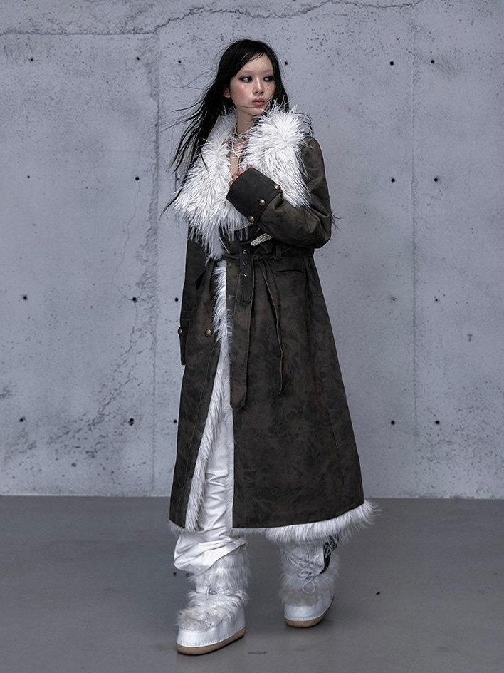 NO ROMANCE Reversible Fur Trim Regal Court Loose Fit Women Black Mint Green Long Coats