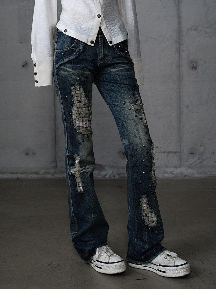 NO ROMANCE Distressed Low Rise Slim Fit Plaid Punk Zipper Denim Women Straight Jeans