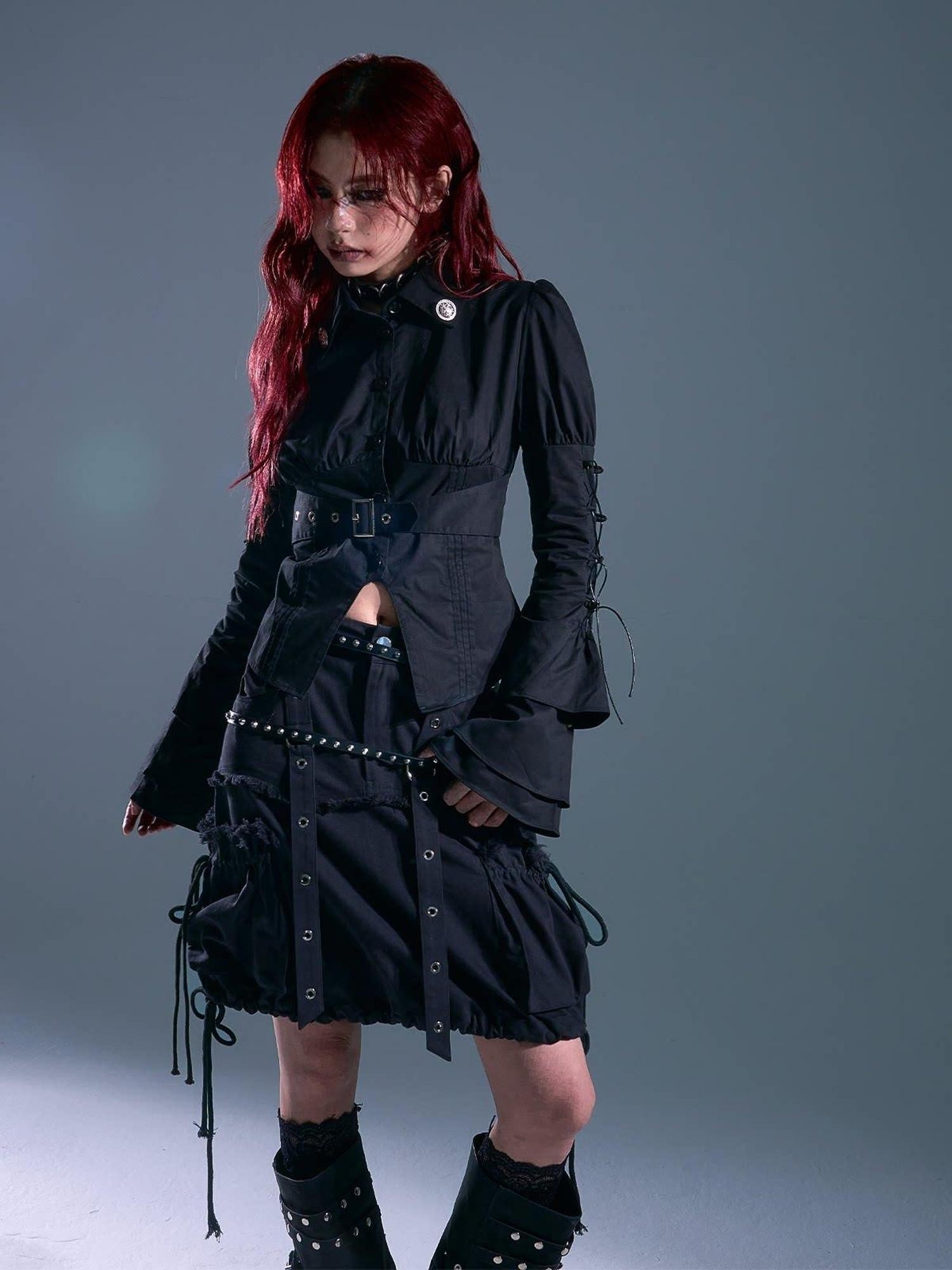 Frustration Garden Drawstring Pocket Punk Bubble Shape Mid Waist Casual City Campus Mini Skirts