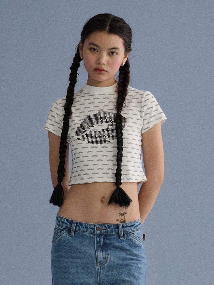 Achihara_Mustache_And_Lip_Print_Rhinestone_Slim_Fit_Women'S_Cotton_Crop_Tops_MISSTT