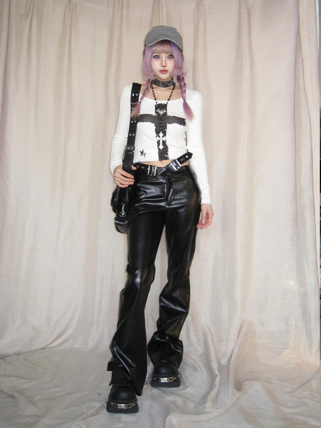 linzerooo Asymmetric High Waist Belted Street Pu Women's Polyester Bootcut Pants