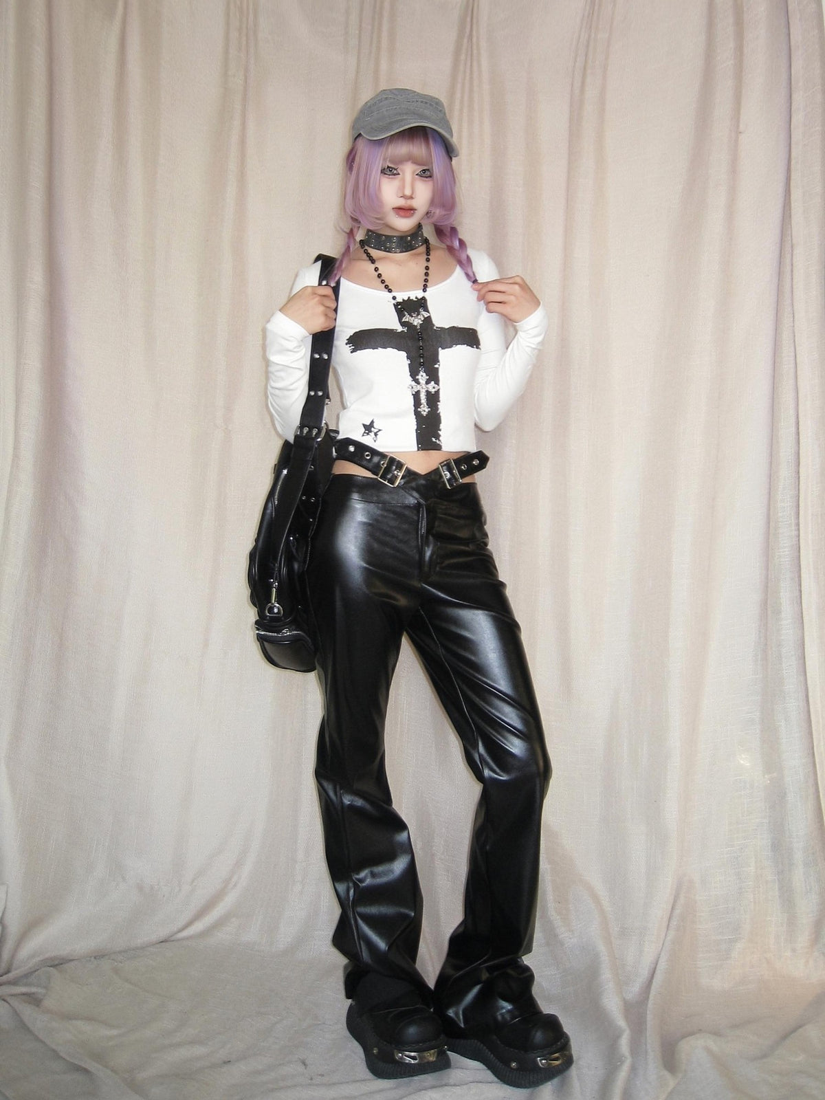 linzerooo Asymmetric High Waist Belted Street Pu Women's Polyester Bootcut Pants
