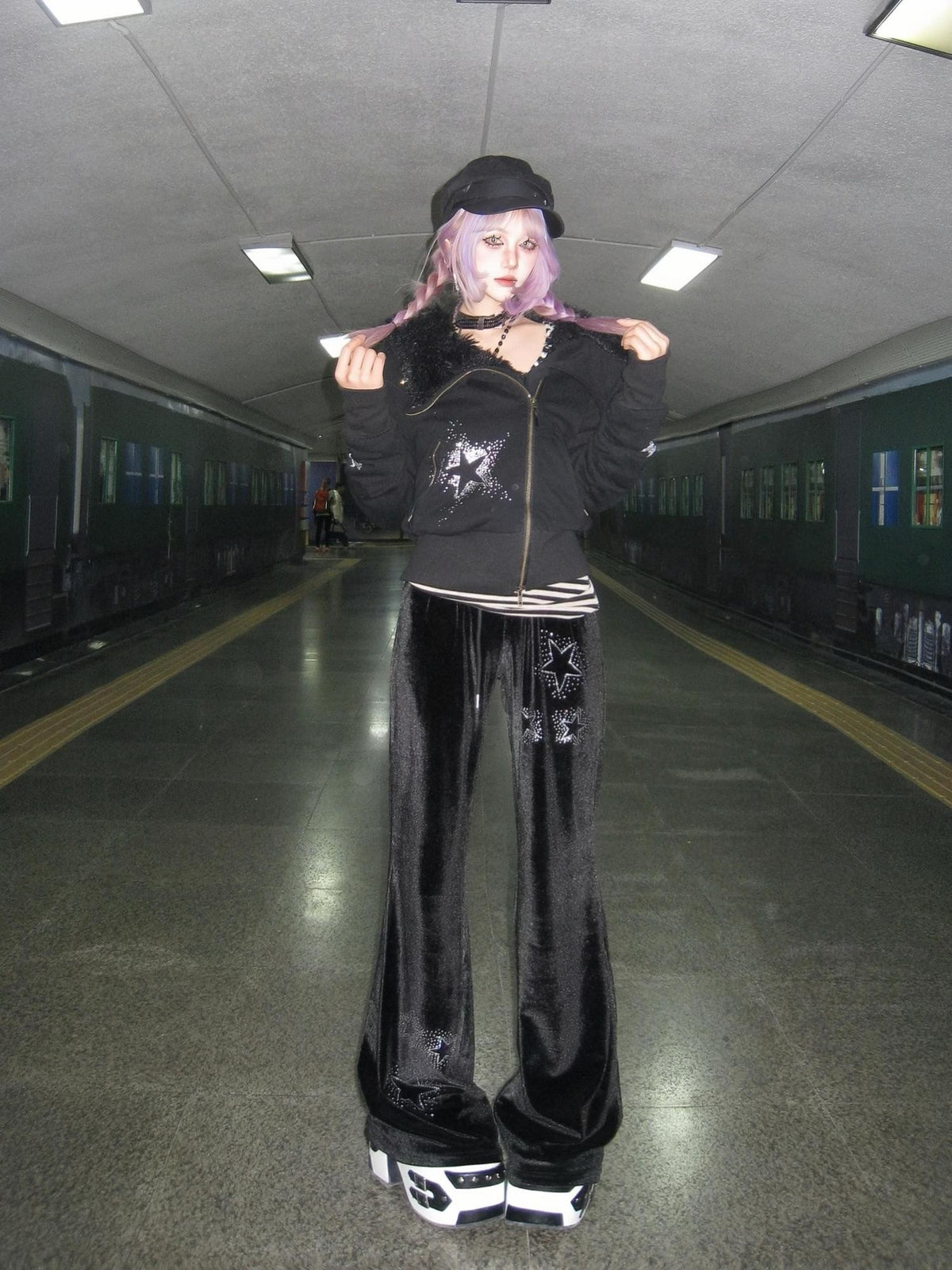 linzerooo Asymmetric Star Velvet Drawstring Women's Polyester Flare Pants