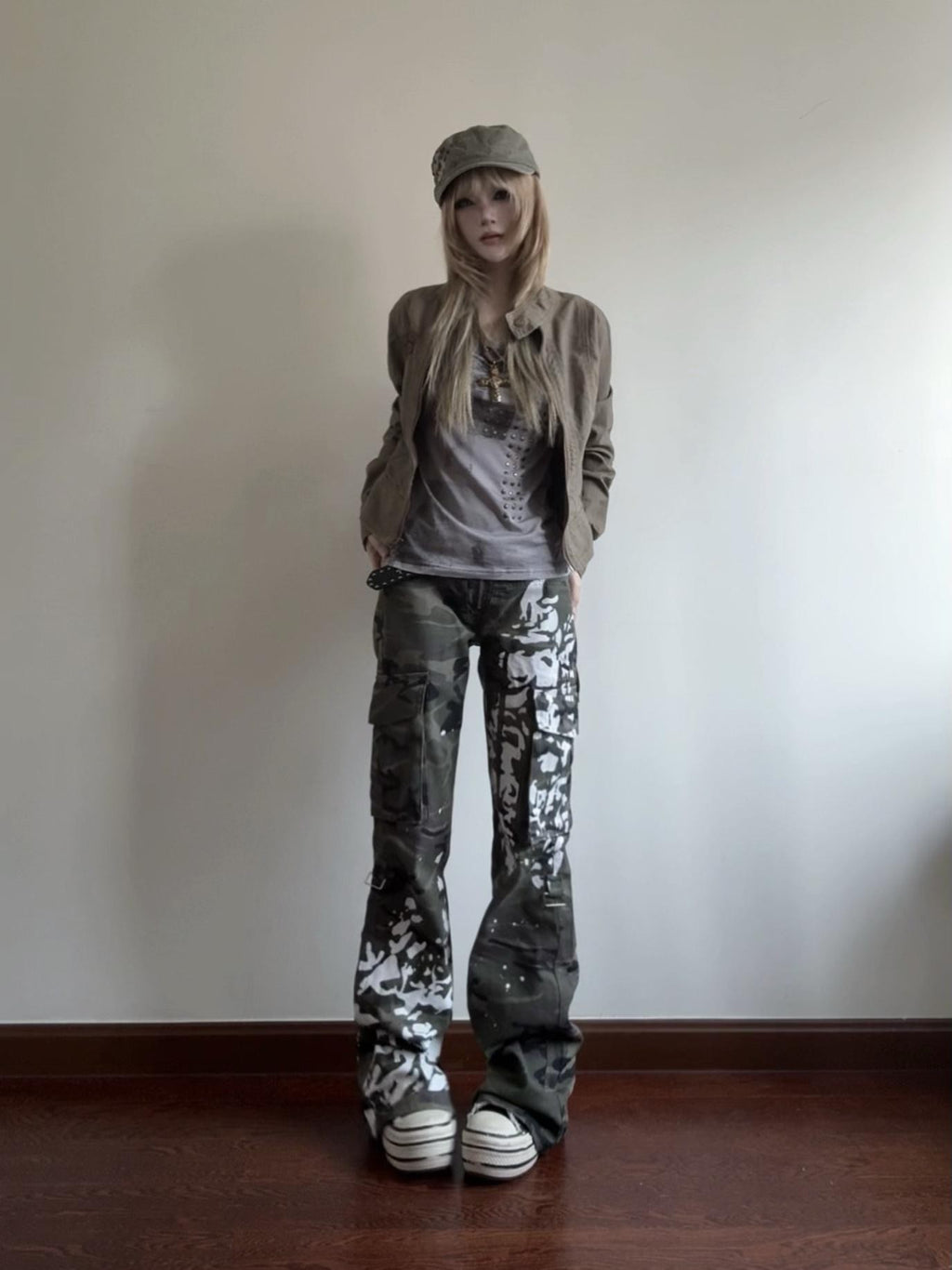 linzerooo Camouflage Print Y2k Subculture Women's Polyester Cargo Pants