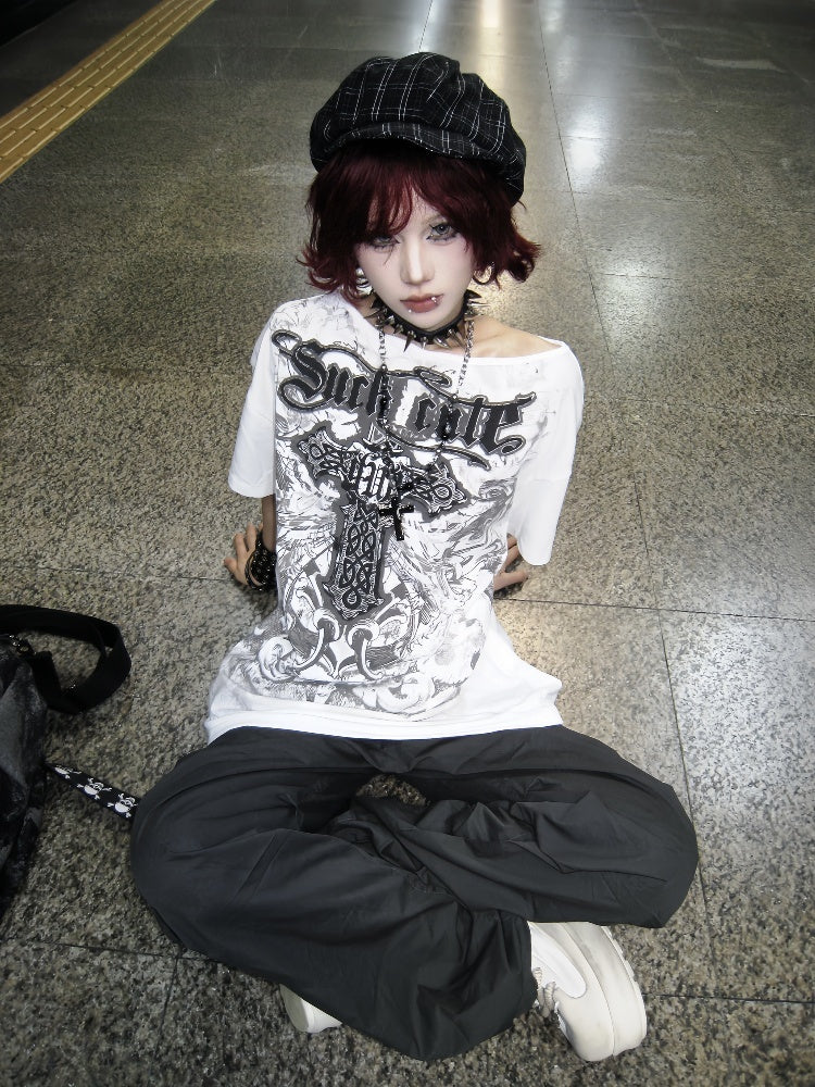 linzerooo_Cross_Print_Streetwear_Punk_Women's_Off-shoulder_T-shirts_908550658201_MISSTT