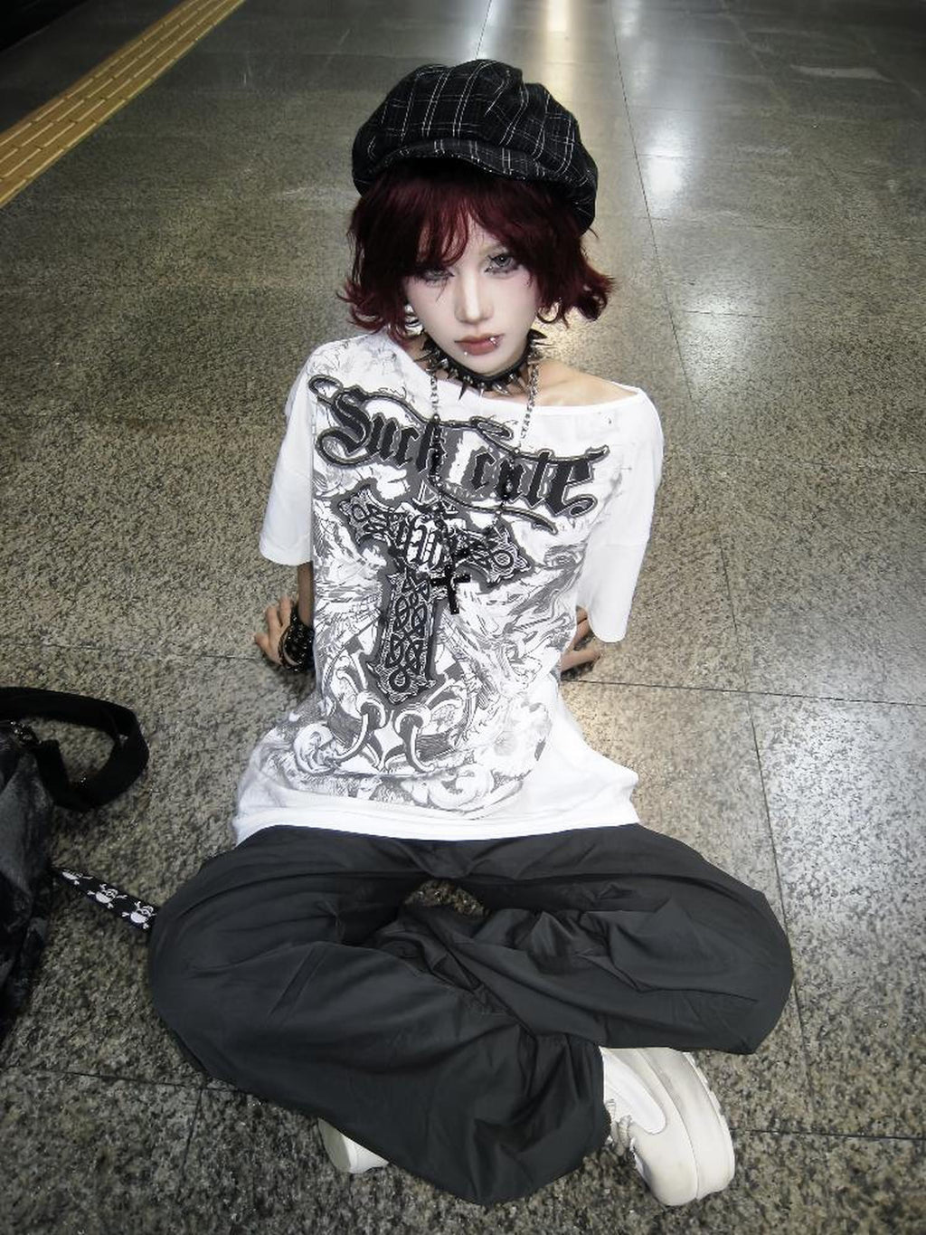 linzerooo Cross Print Streetwear Punk Women's Off-shoulder T-shirts