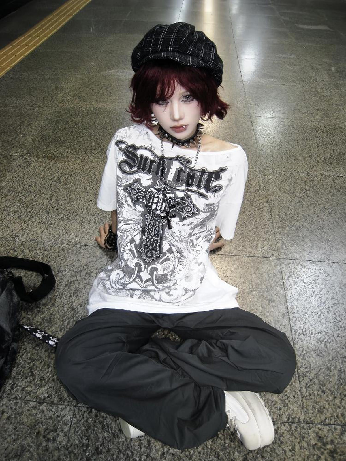 linzerooo Cross Print Streetwear Punk Women's Off-shoulder T-shirts