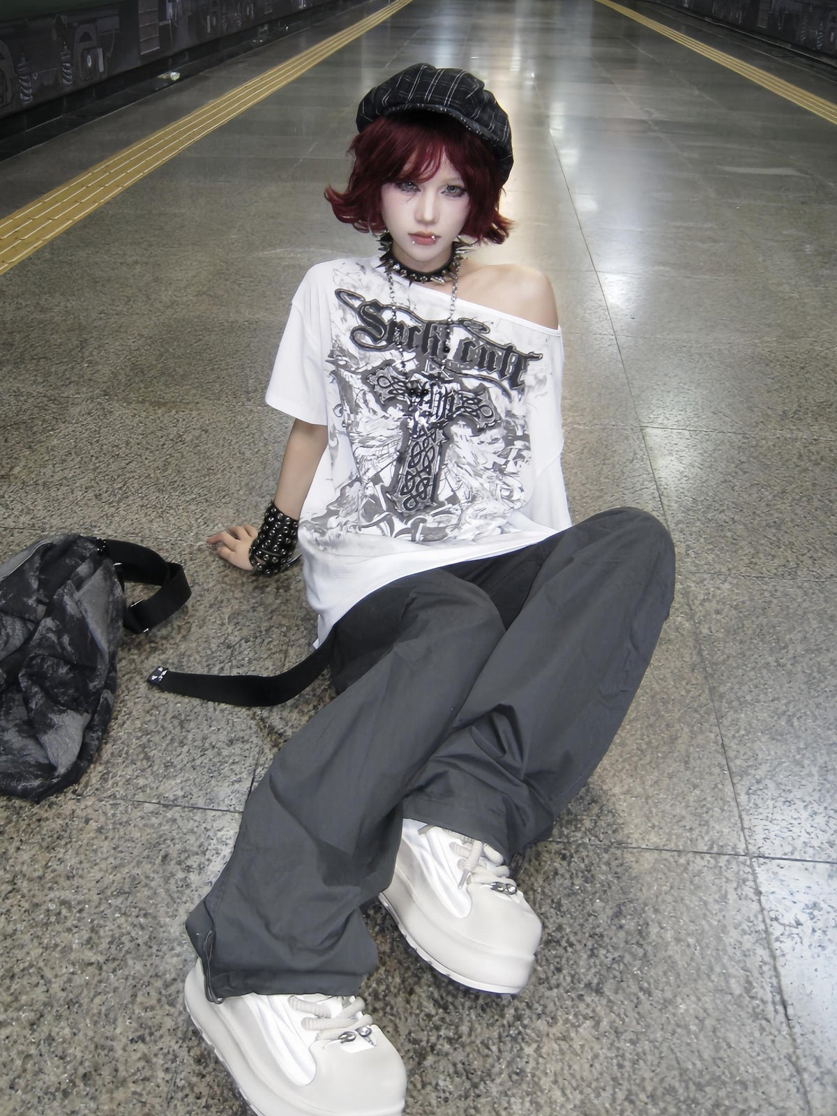 linzerooo Cross Print Streetwear Punk Women's Off-shoulder T-shirts