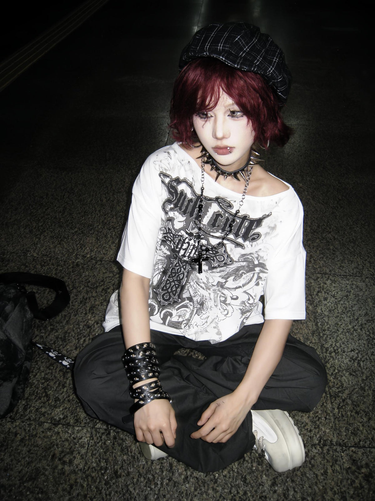 linzerooo Cross Print Streetwear Punk Women's Off-shoulder T-shirts