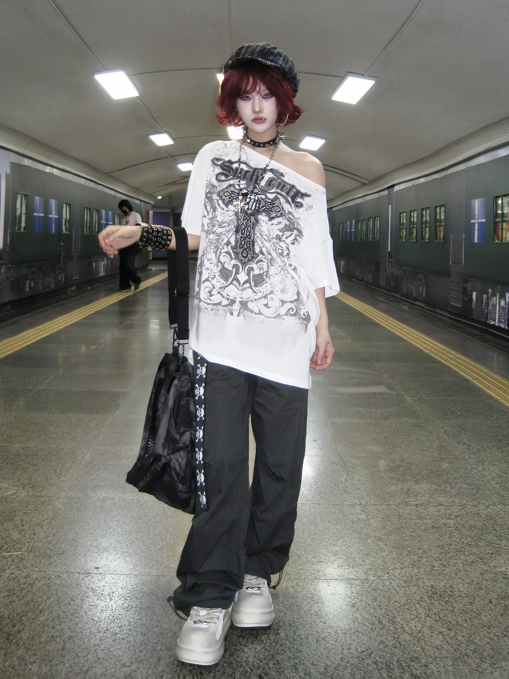 linzerooo Cross Print Streetwear Punk Women's Off-shoulder T-shirts