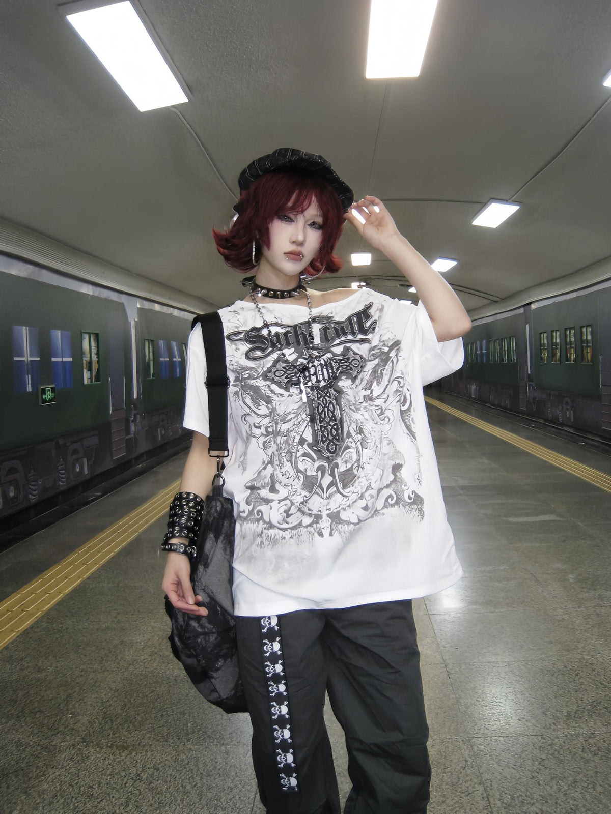 linzerooo Cross Print Streetwear Punk Women's Off-shoulder T-shirts