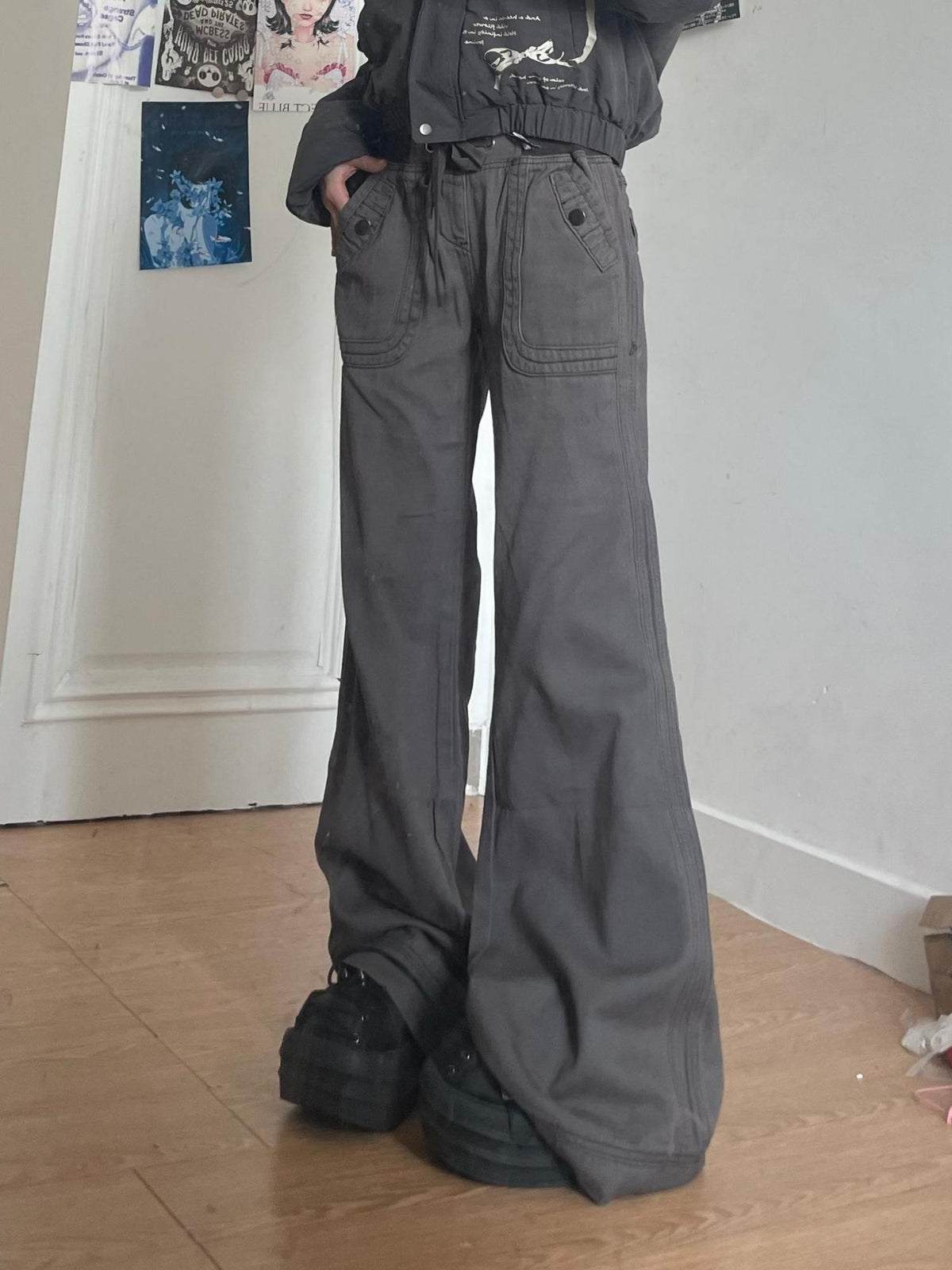 linzerooo Drawstring Low Rise Distressed Pocket Women's Cotton Bootcut Jeans