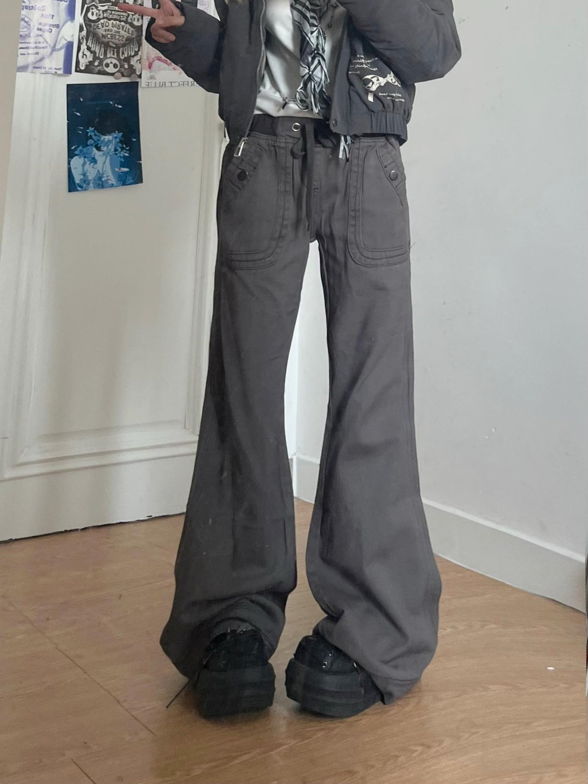 linzerooo Drawstring Low Rise Distressed Pocket Women's Cotton Bootcut Jeans