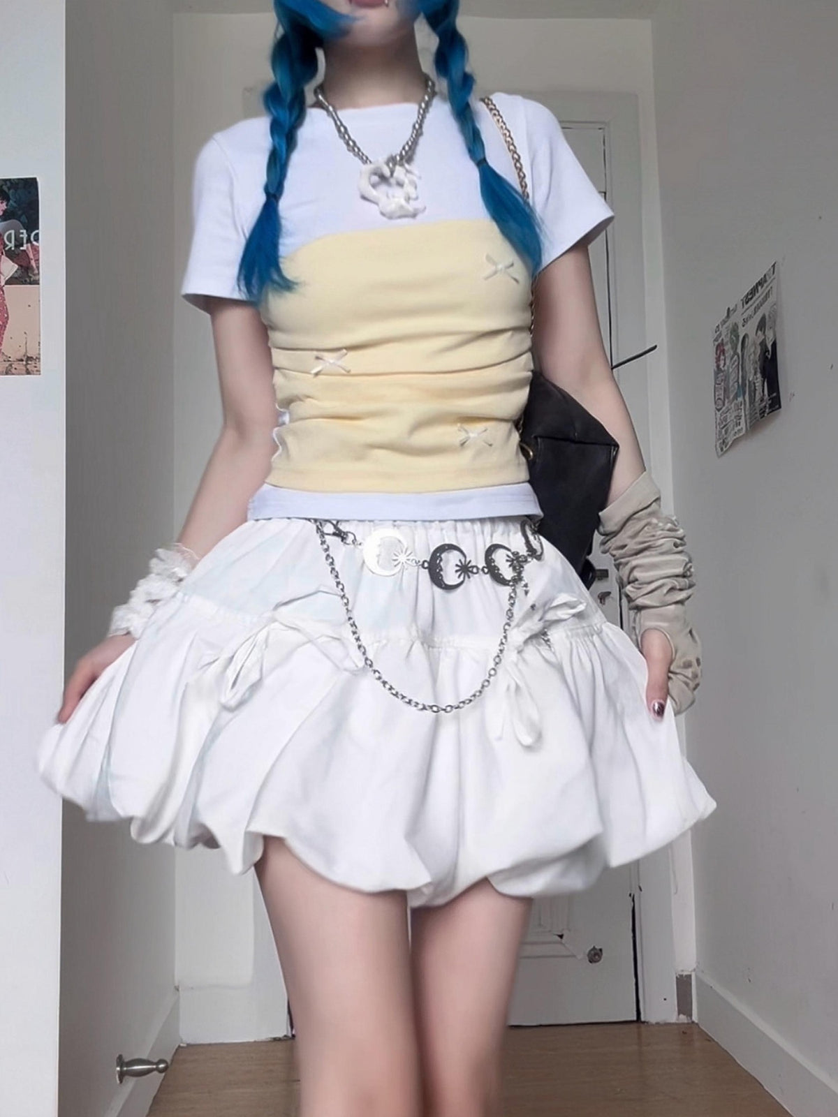linzerooo Gray Bubble Puff Elastic Waistband Women's Polyester Mini Skirts