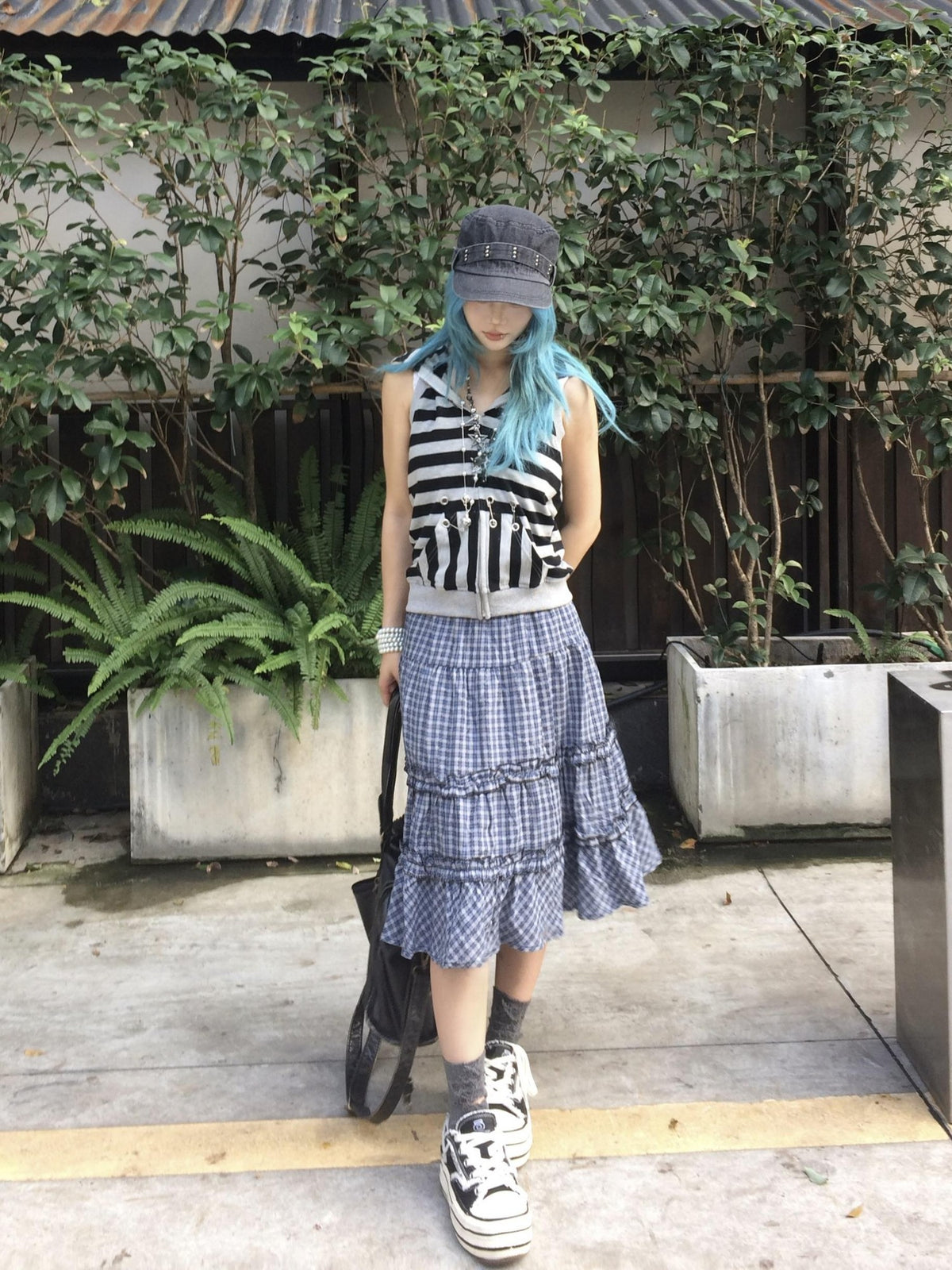 linzerooo Plaid Tiered High Waist Patchwork Casual Women's Polyester Tiered Skirts
