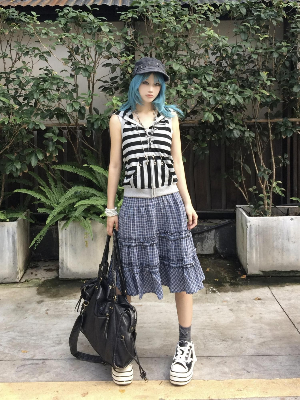 linzerooo Plaid Tiered High Waist Patchwork Casual Women's Polyester Tiered Skirts