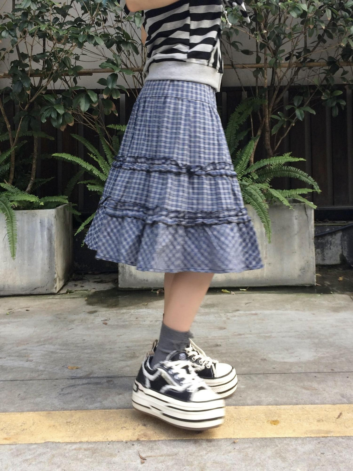 linzerooo Plaid Tiered High Waist Patchwork Casual Women's Polyester Tiered Skirts