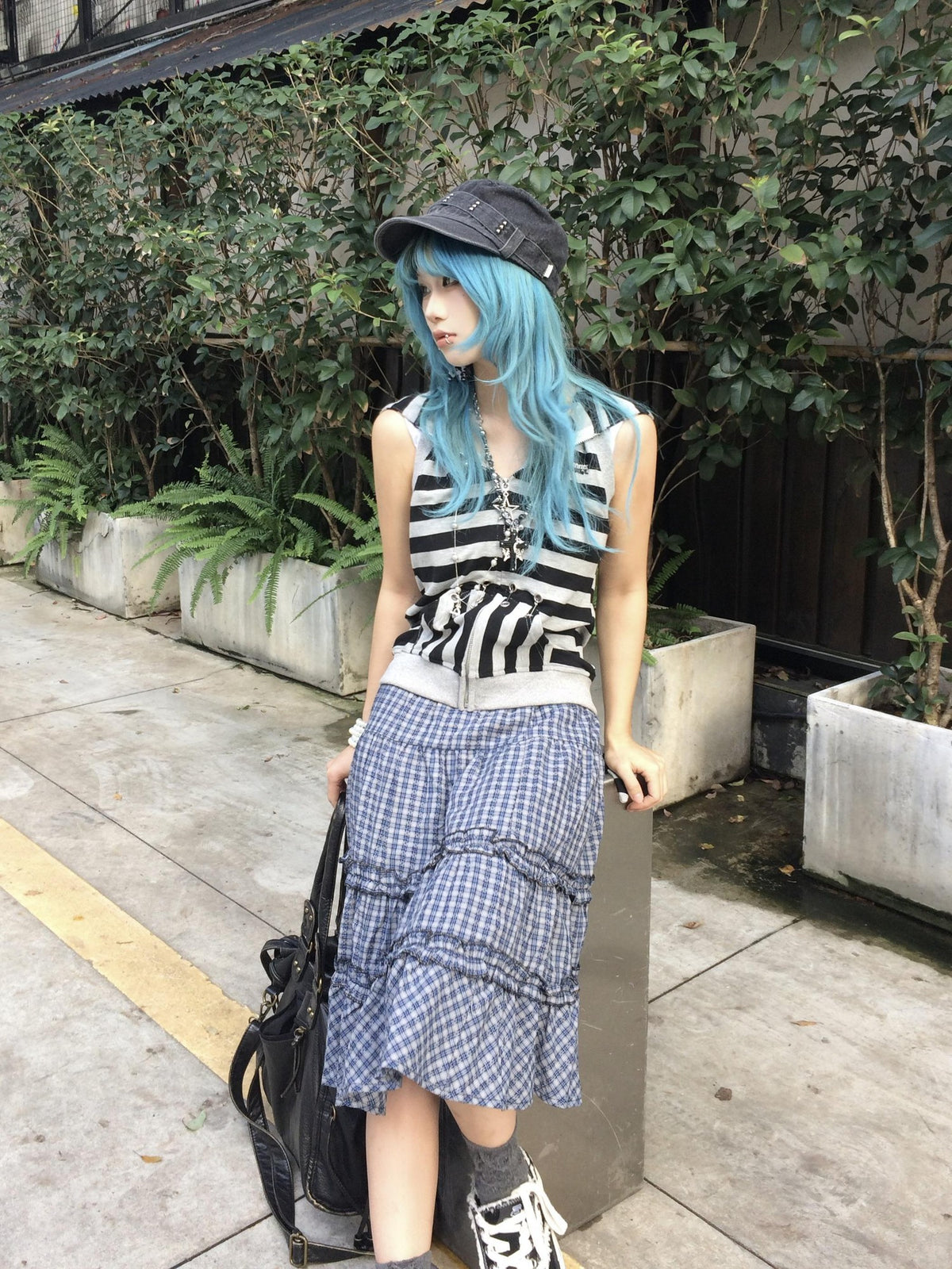 linzerooo Plaid Tiered High Waist Patchwork Casual Women's Polyester Tiered Skirts