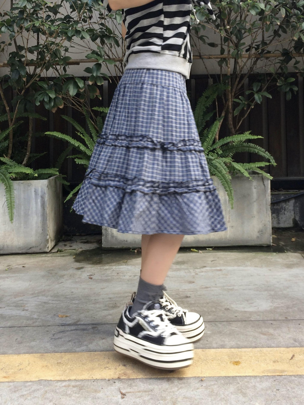 linzerooo Plaid Tiered High Waist Patchwork Casual Women's Polyester Tiered Skirts