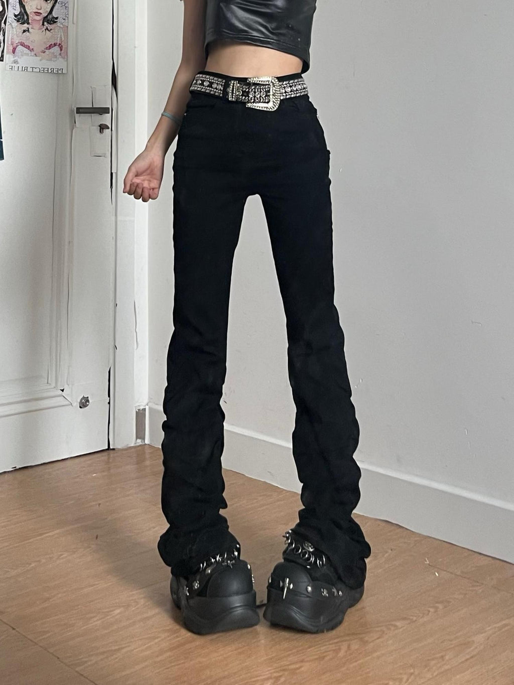 linzerooo Punk Pleated High Waist Slim Fit Women's Polyester Flare Jeans
