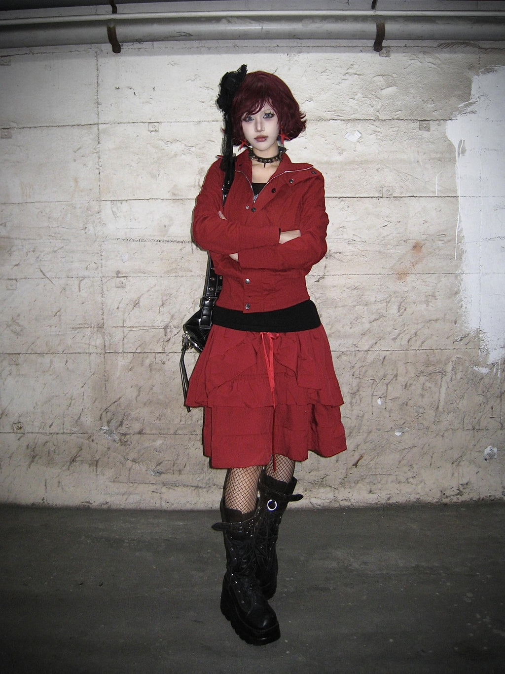 linzerooo Punk Red Distressed Multi Button Women's Polyester Casual Jackets