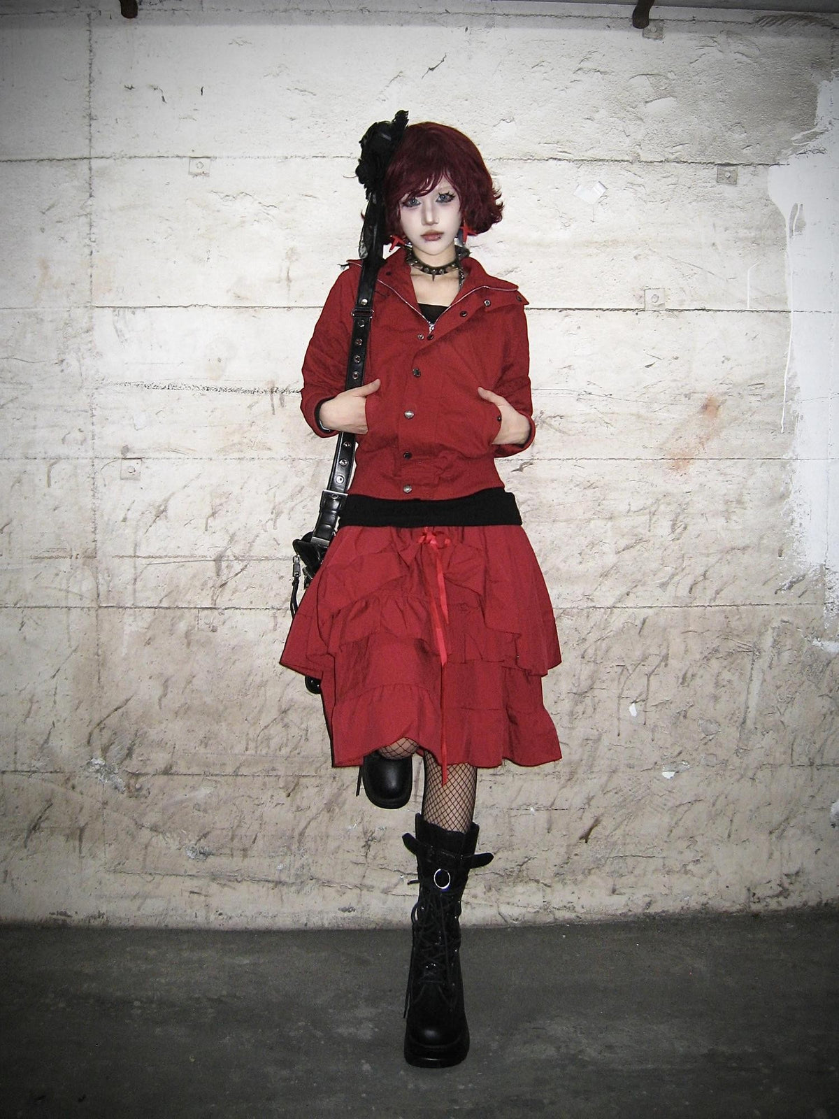 linzerooo Punk Red Distressed Multi Button Women's Polyester Casual Jackets
