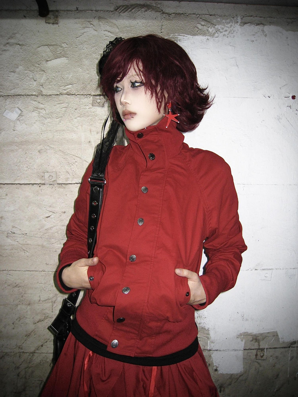 linzerooo Punk Red Distressed Multi Button Women's Polyester Casual Jackets