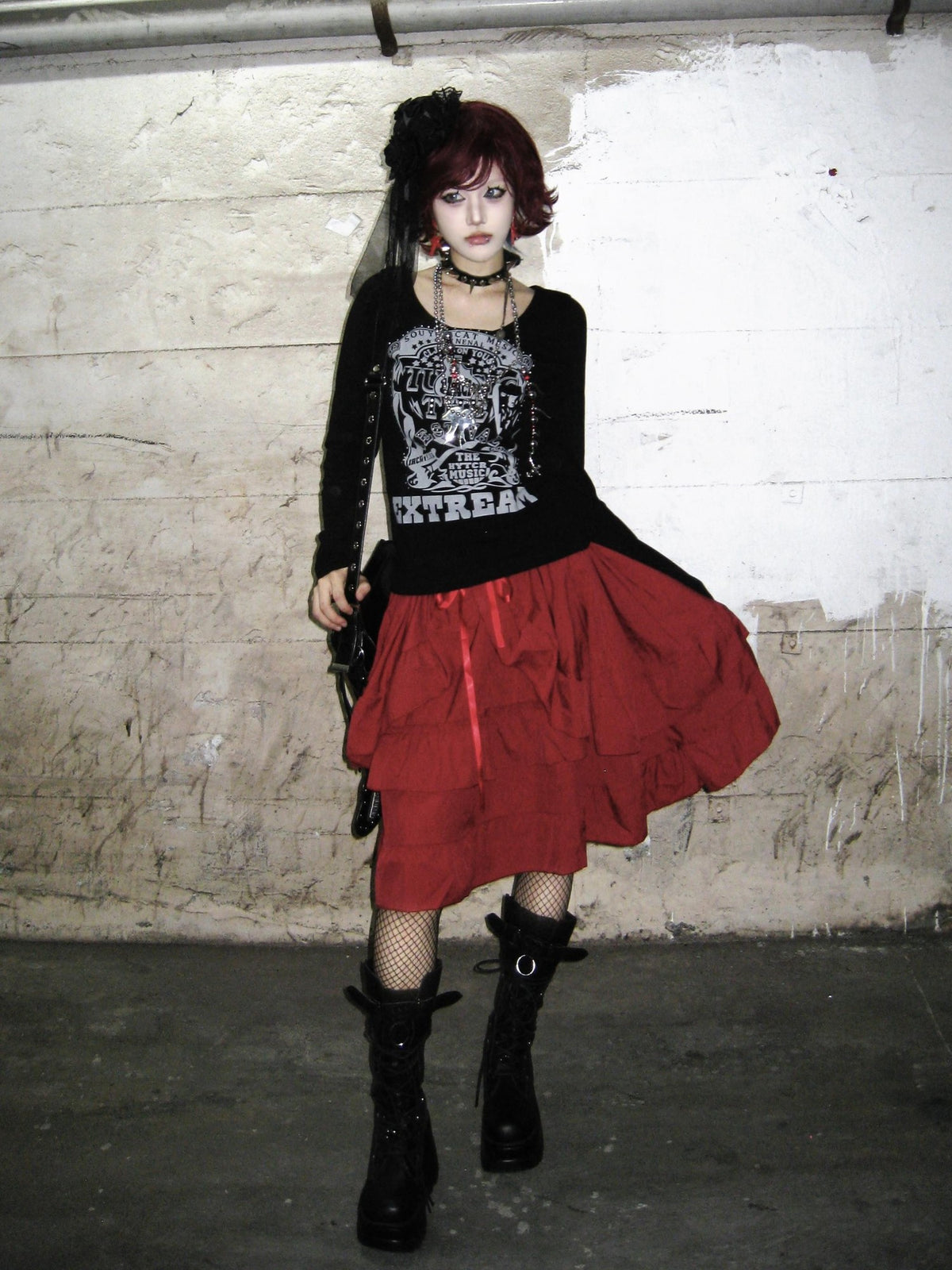linzerooo Punk Red Vintage Tiered Loose Fit Polyester Women's Midi Skirts