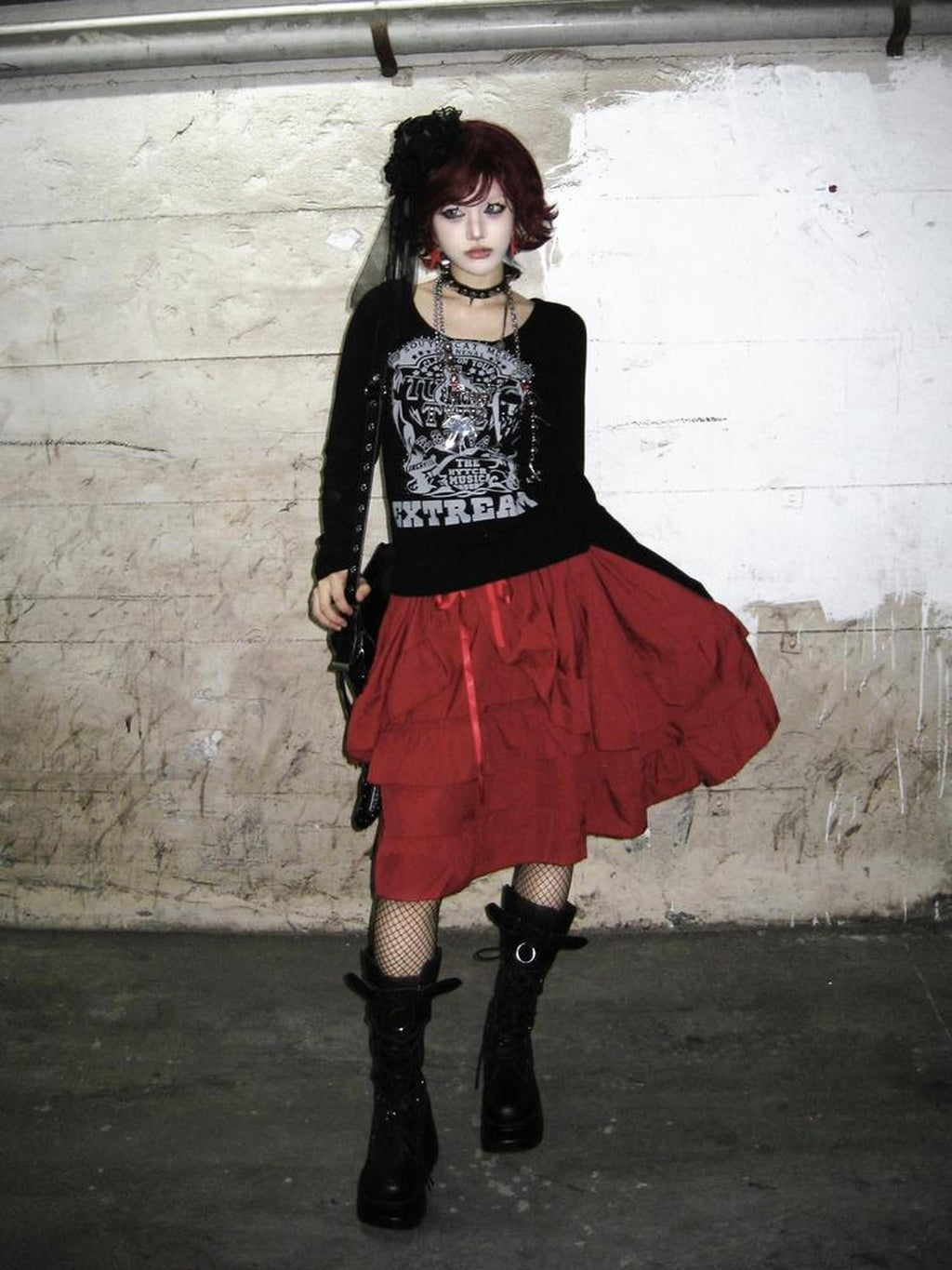 linzerooo Punk Red Vintage Tiered Loose Fit Polyester Women's Midi Skirts
