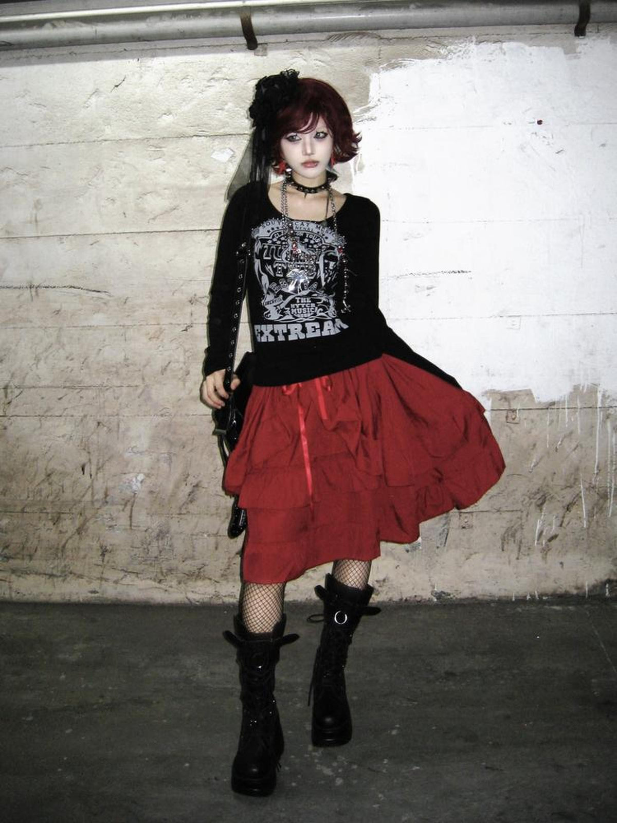 linzerooo Punk Red Vintage Tiered Loose Fit Polyester Women's Midi Skirts