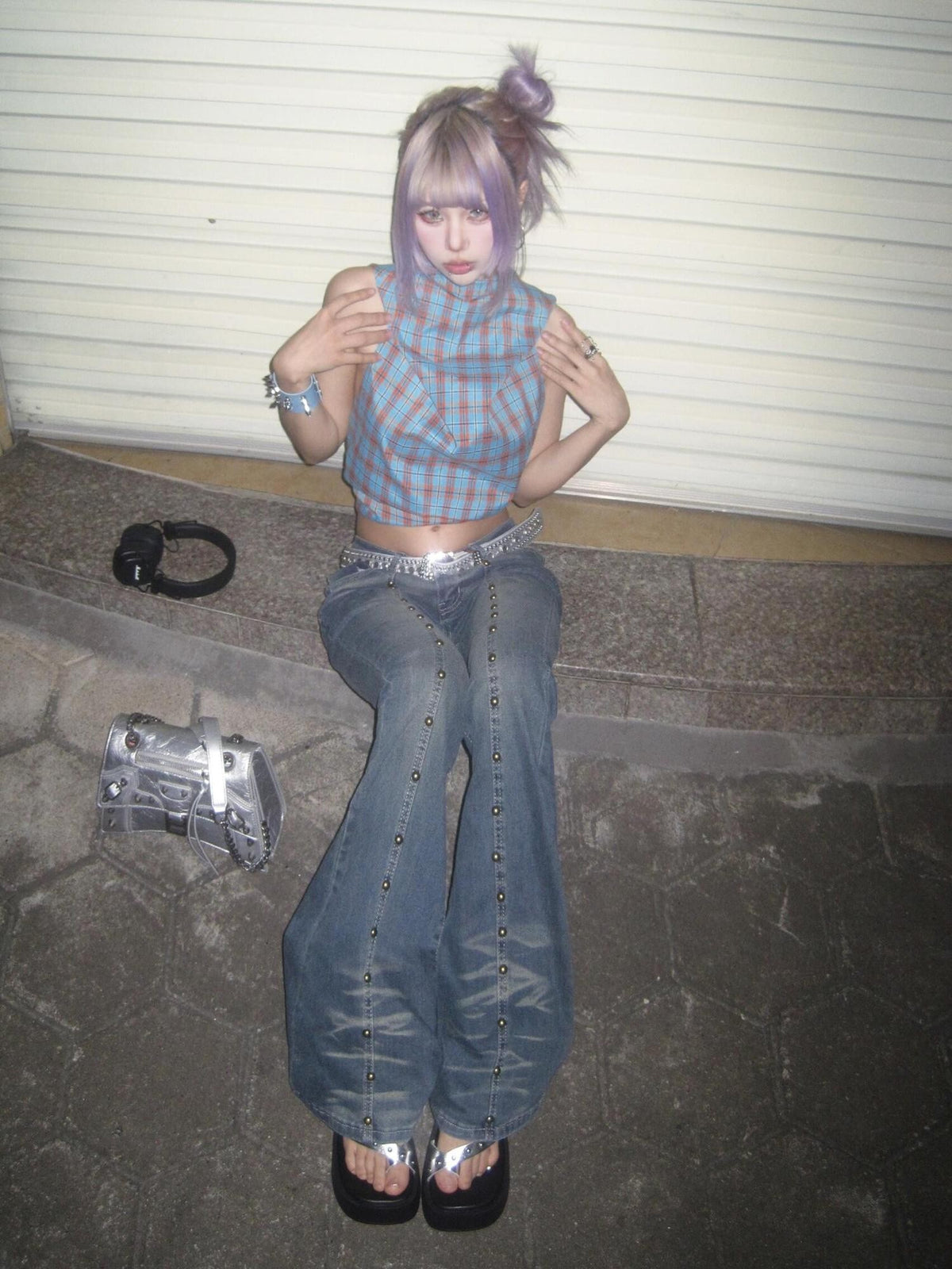 linzerooo Punk Rivet Subculture Shibuya Gal Women's Denim Bootcut Jeans