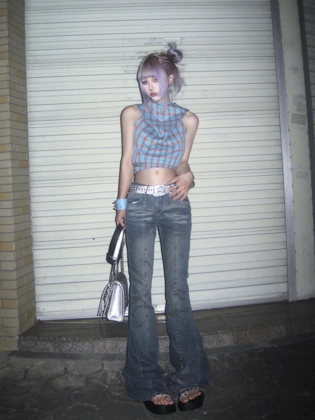 linzerooo Punk Rivet Subculture Shibuya Gal Women's Denim Bootcut Jeans