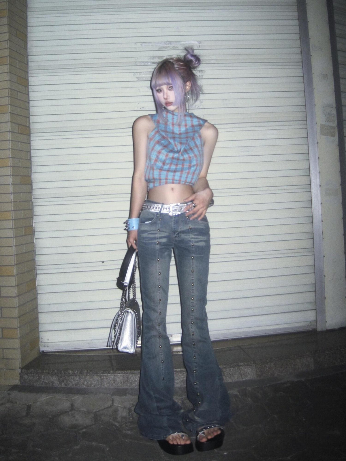 linzerooo Punk Rivet Subculture Shibuya Gal Women's Denim Bootcut Jeans