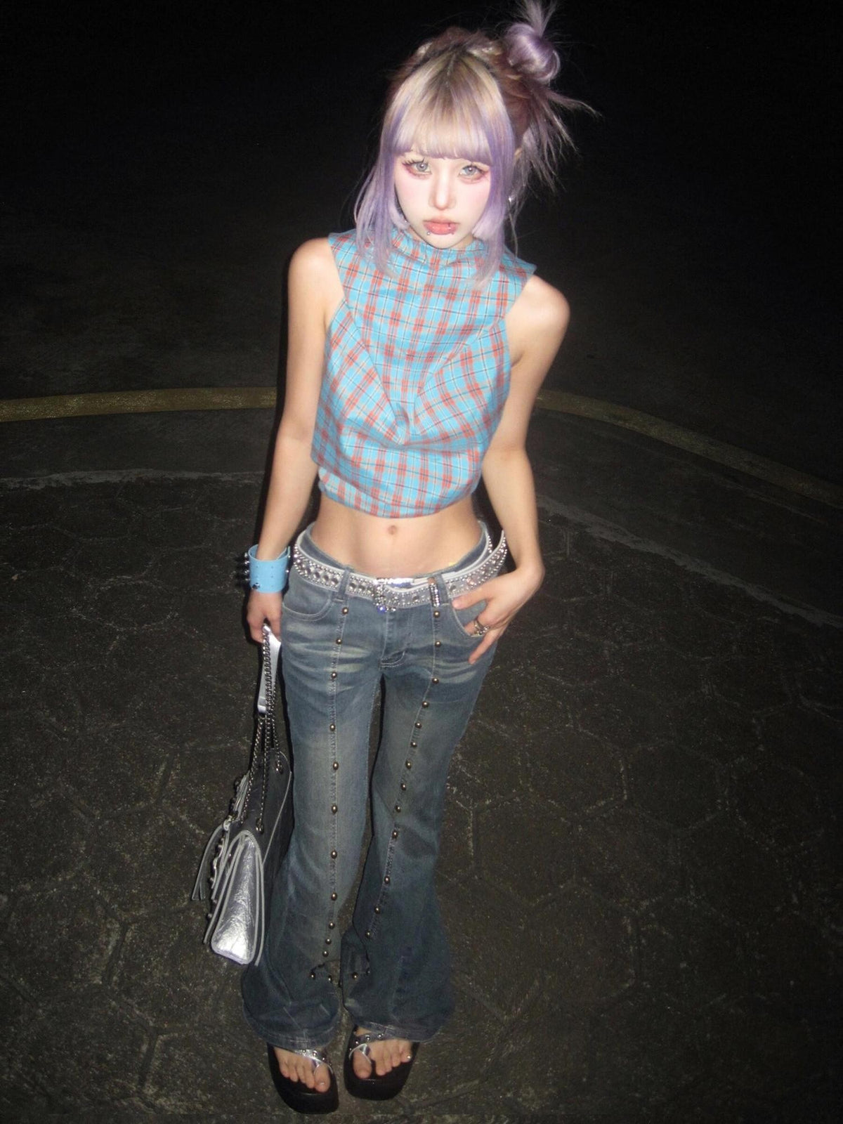 linzerooo Punk Rivet Subculture Shibuya Gal Women's Denim Bootcut Jeans
