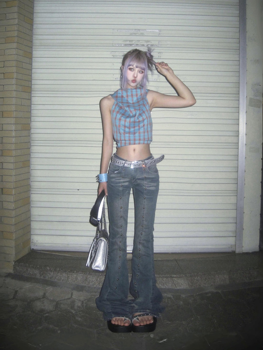 linzerooo Punk Rivet Subculture Shibuya Gal Women's Denim Bootcut Jeans