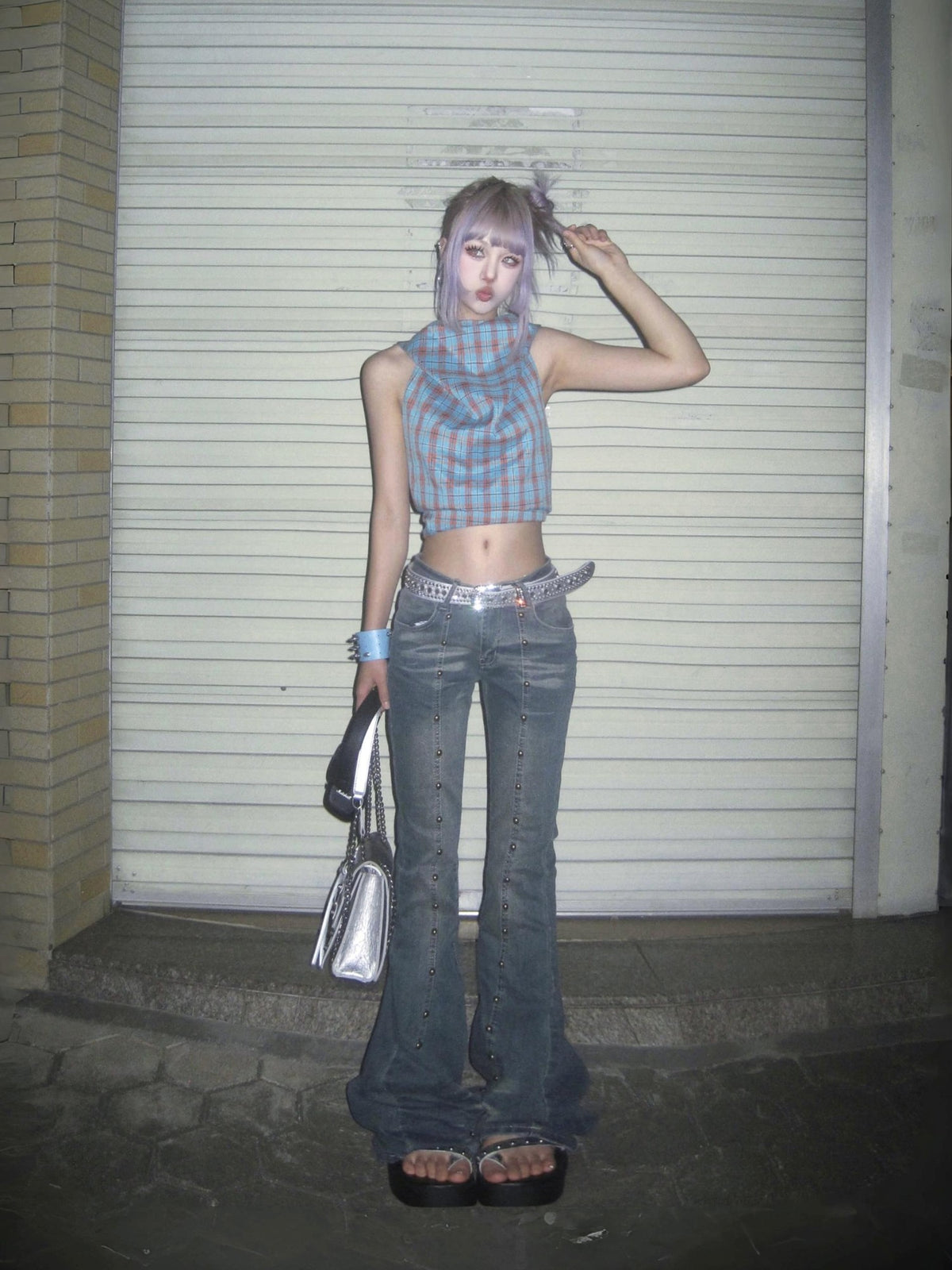 linzerooo Punk Rivet Subculture Shibuya Gal Women's Denim Bootcut Jeans
