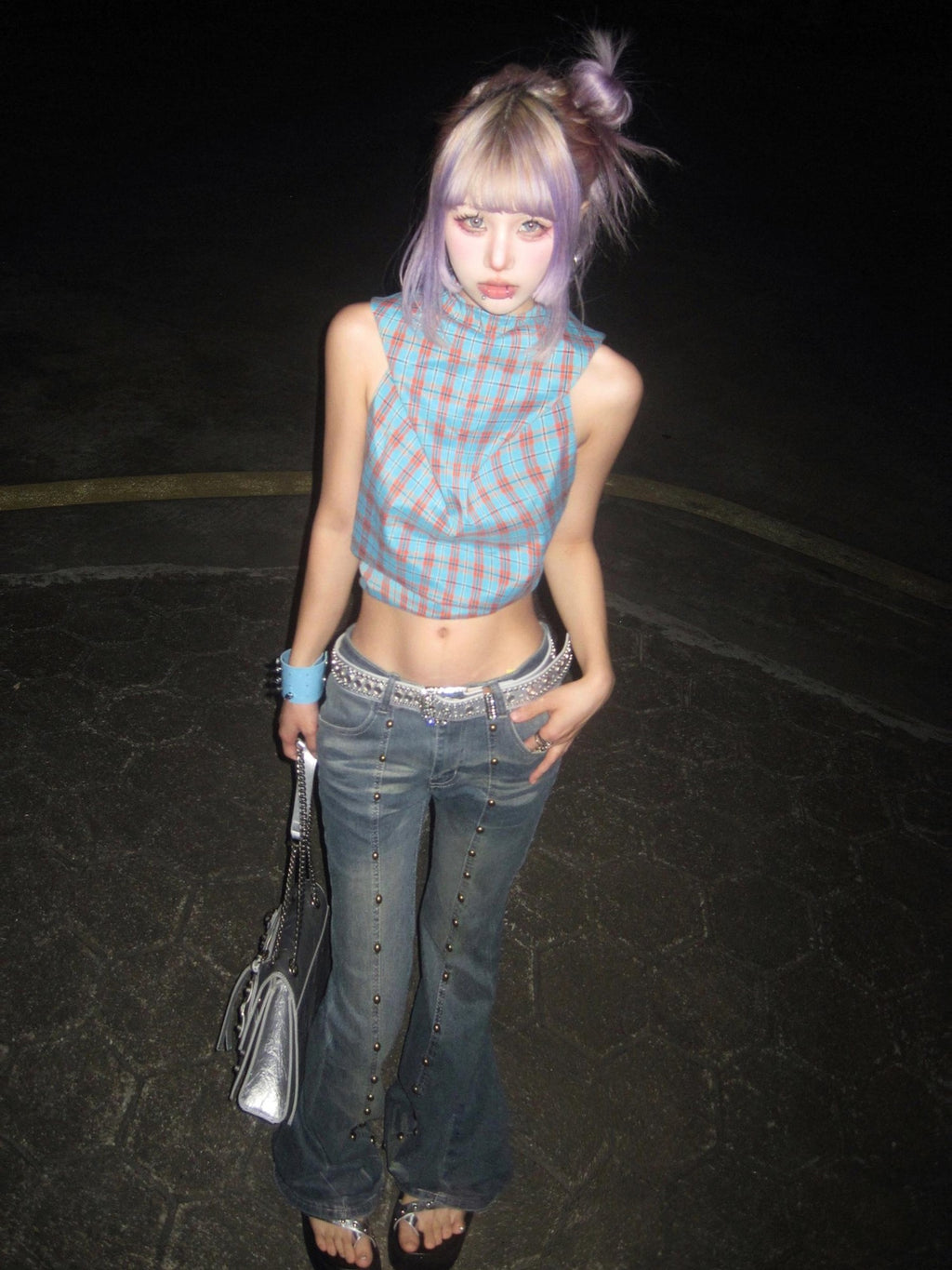 linzerooo Punk Rivet Subculture Shibuya Gal Women's Denim Bootcut Jeans
