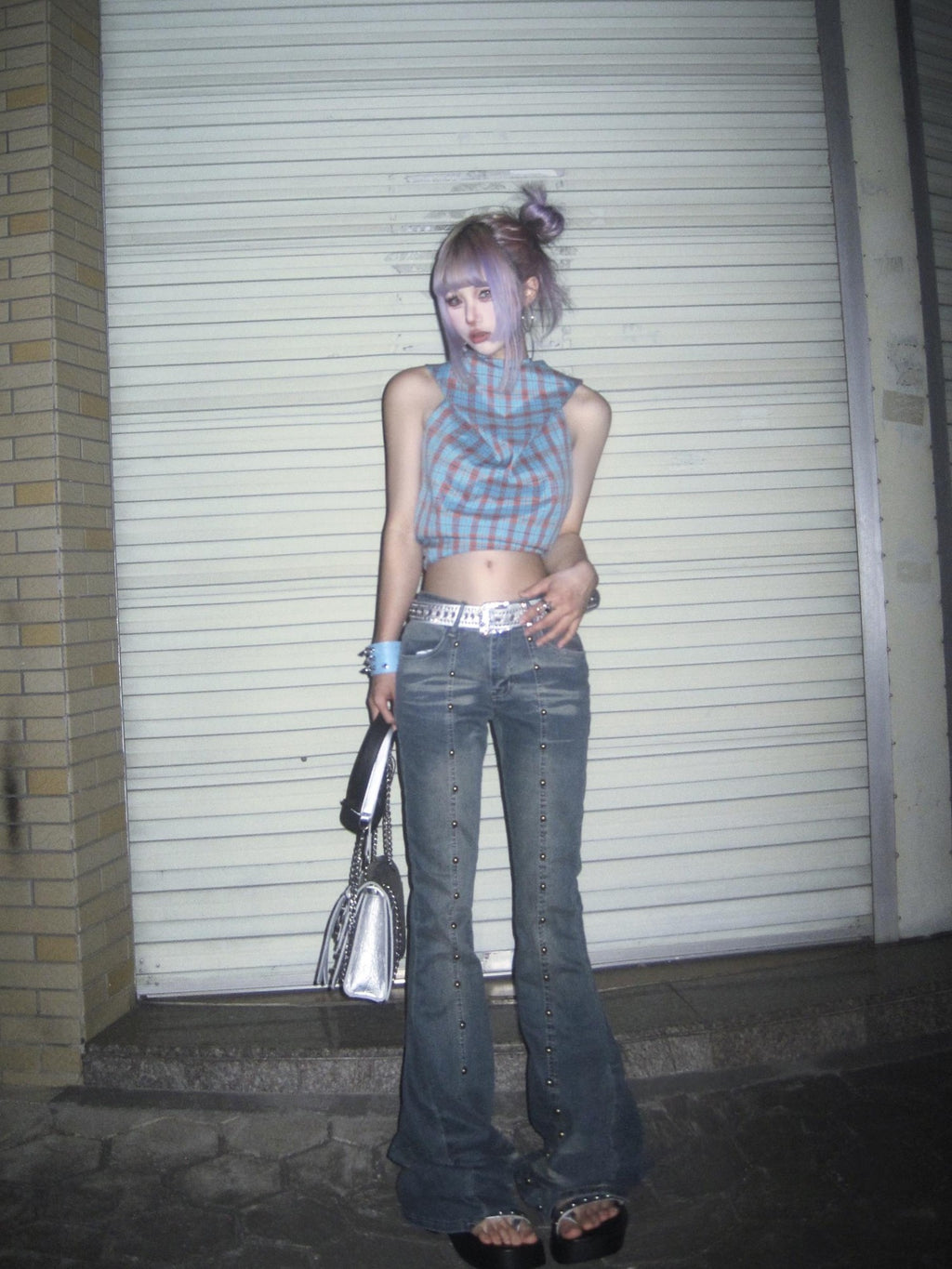 linzerooo Punk Rivet Subculture Shibuya Gal Women's Denim Bootcut Jeans
