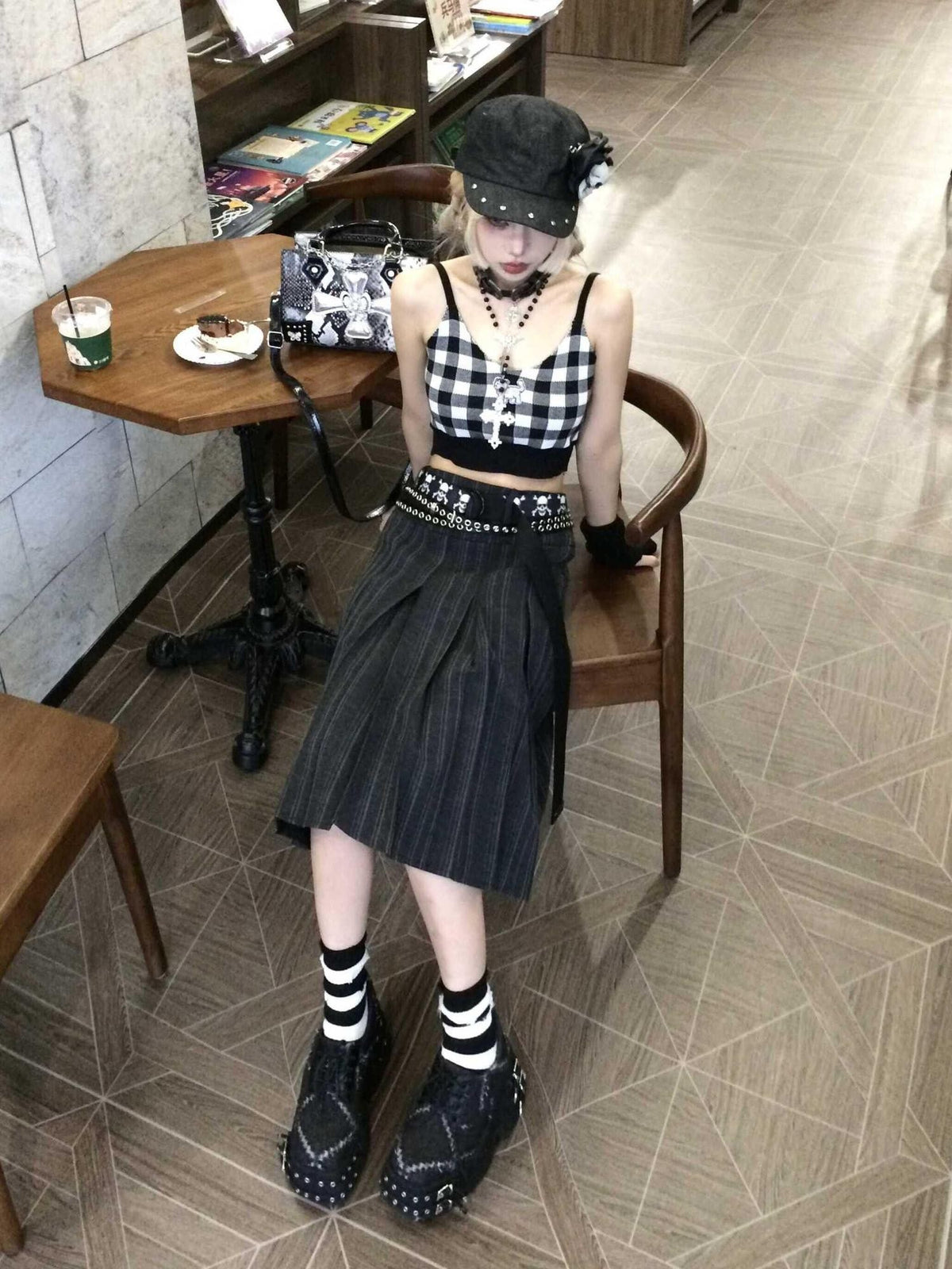 linzerooo Punk Striped High Waist Pleated A Line Polyester Women's Midi Skirts