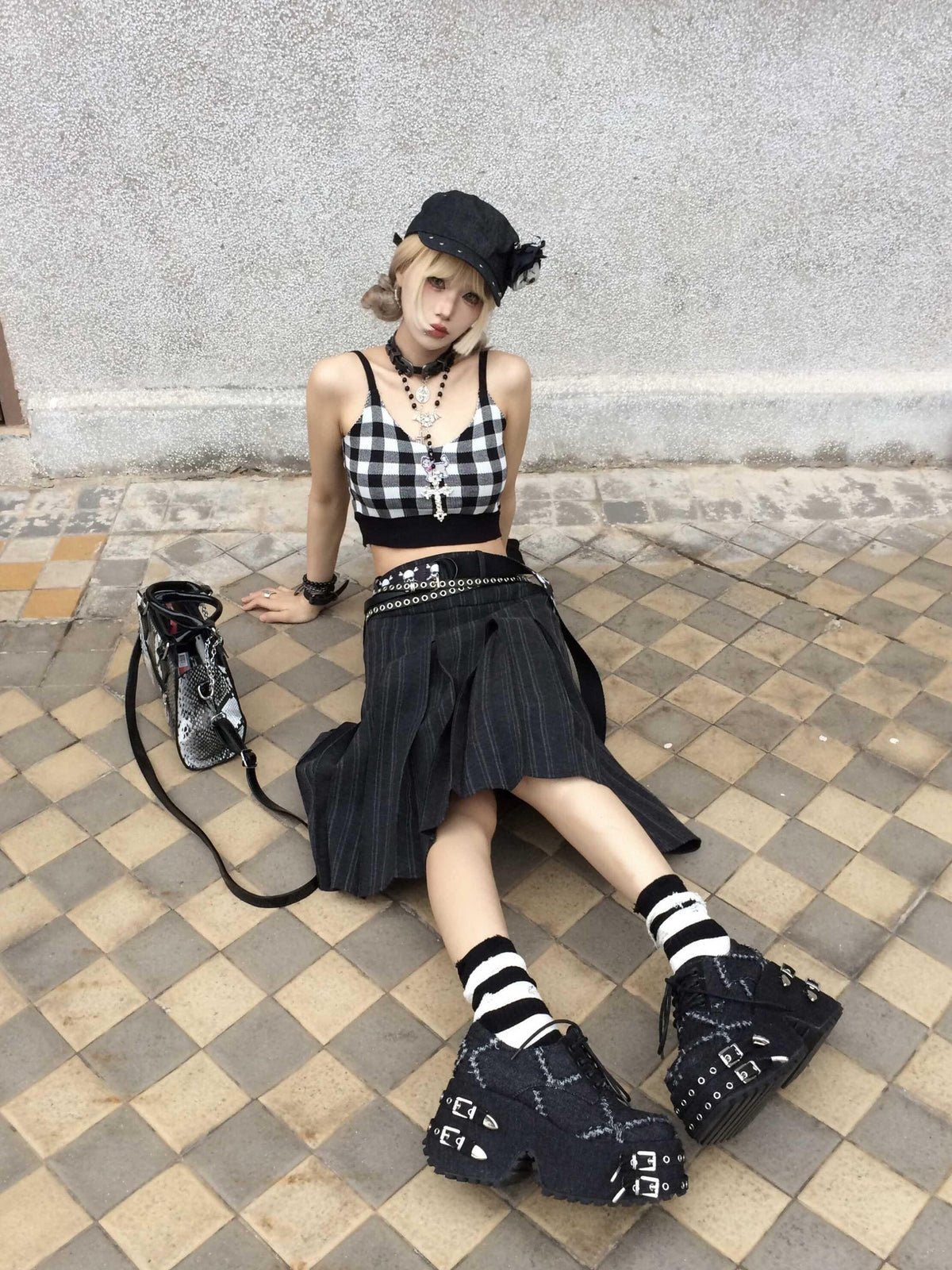 linzerooo Punk Striped High Waist Pleated A Line Polyester Women's Midi Skirts