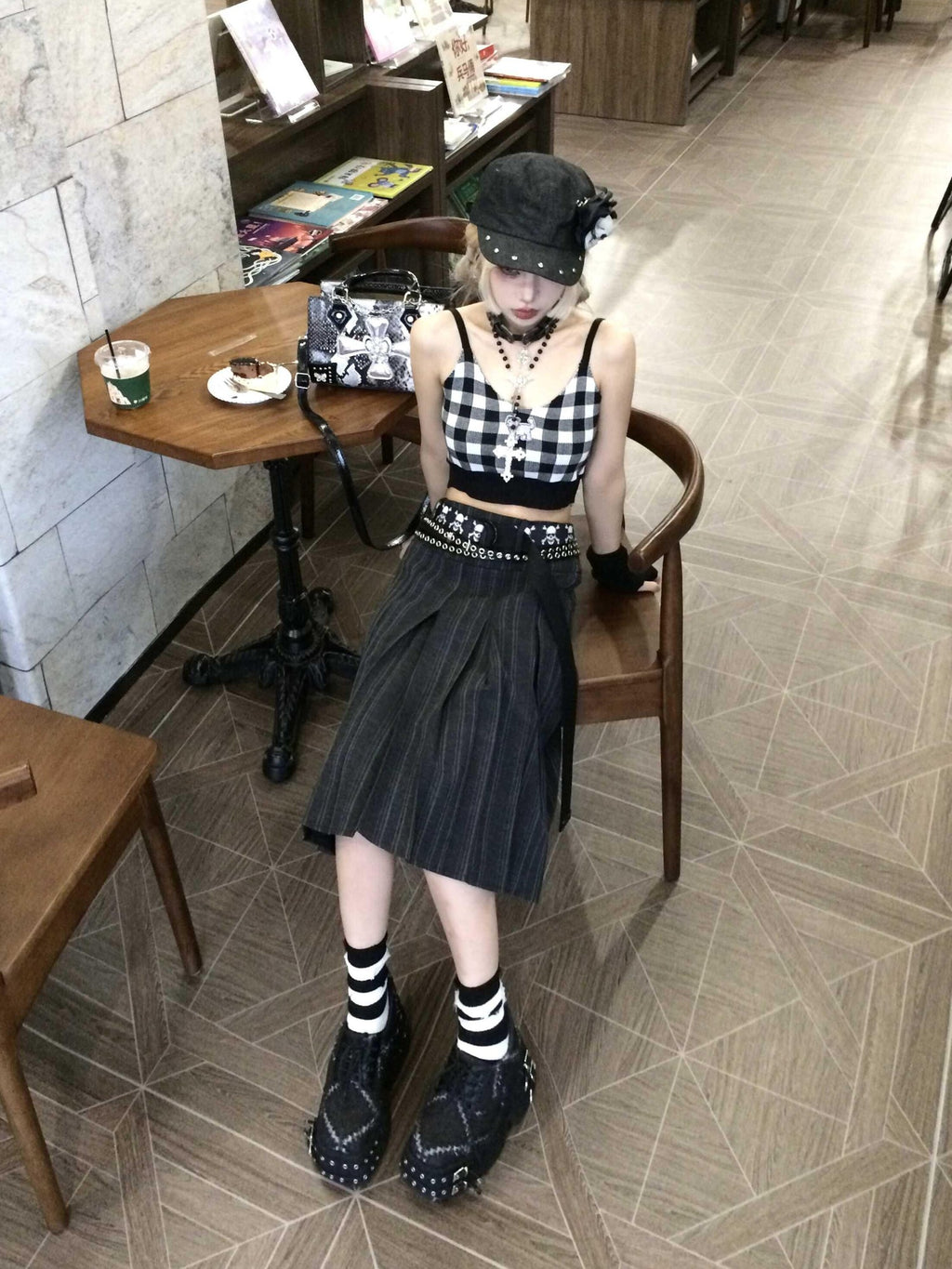 linzerooo Punk Striped High Waist Pleated A Line Polyester Women's Midi Skirts