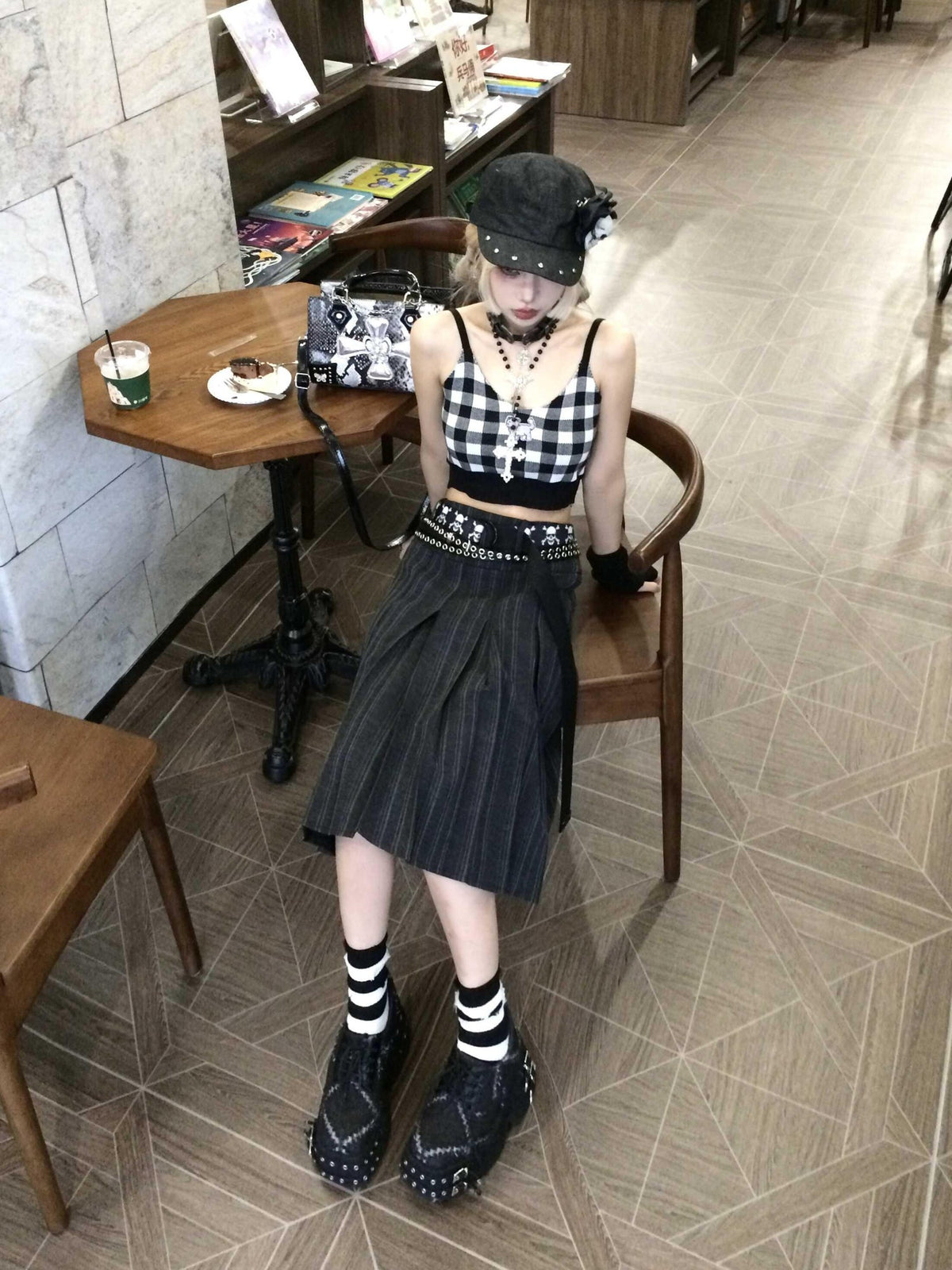 linzerooo Punk Striped High Waist Pleated A Line Polyester Women's Midi Skirts