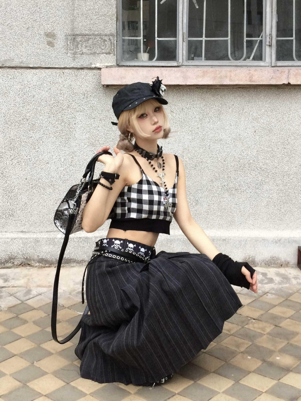 linzerooo Punk Striped High Waist Pleated A Line Polyester Women's Midi Skirts
