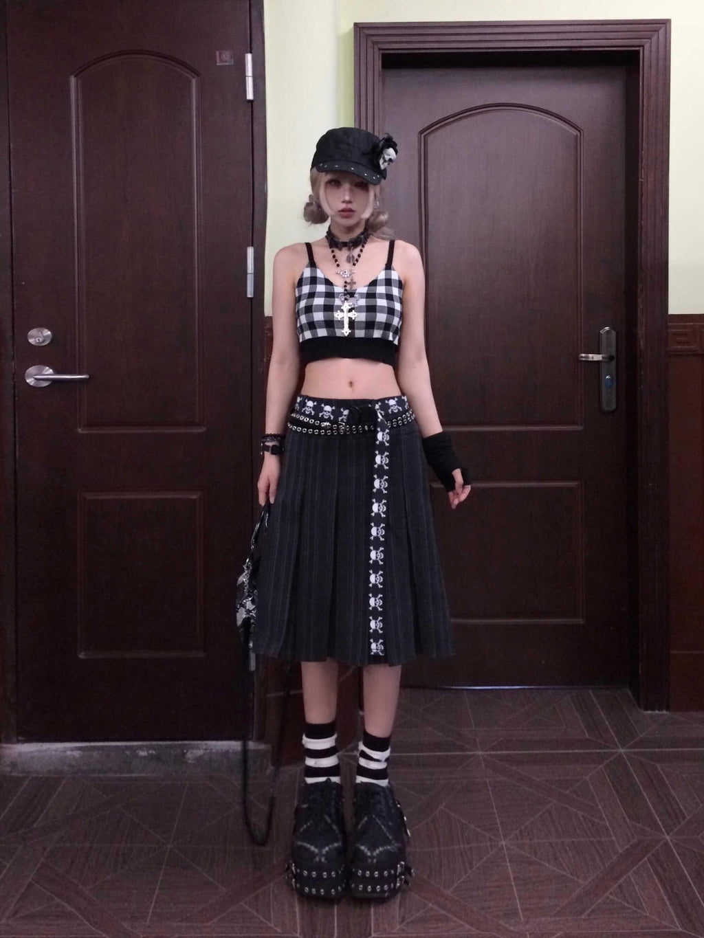 linzerooo Punk Striped High Waist Pleated A Line Polyester Women's Midi Skirts