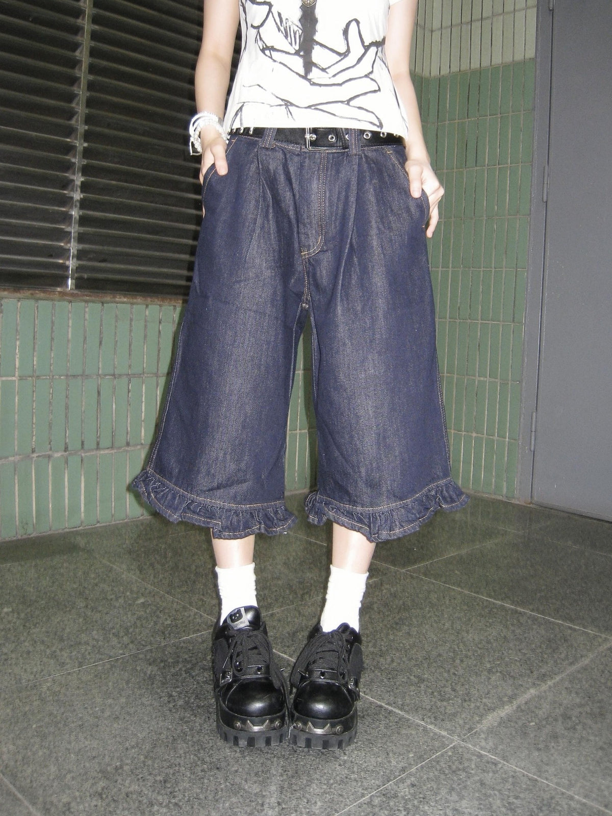 linzerooo Punk Wide Leg High Waist Zipper Loose Fit Women's Capri Pants